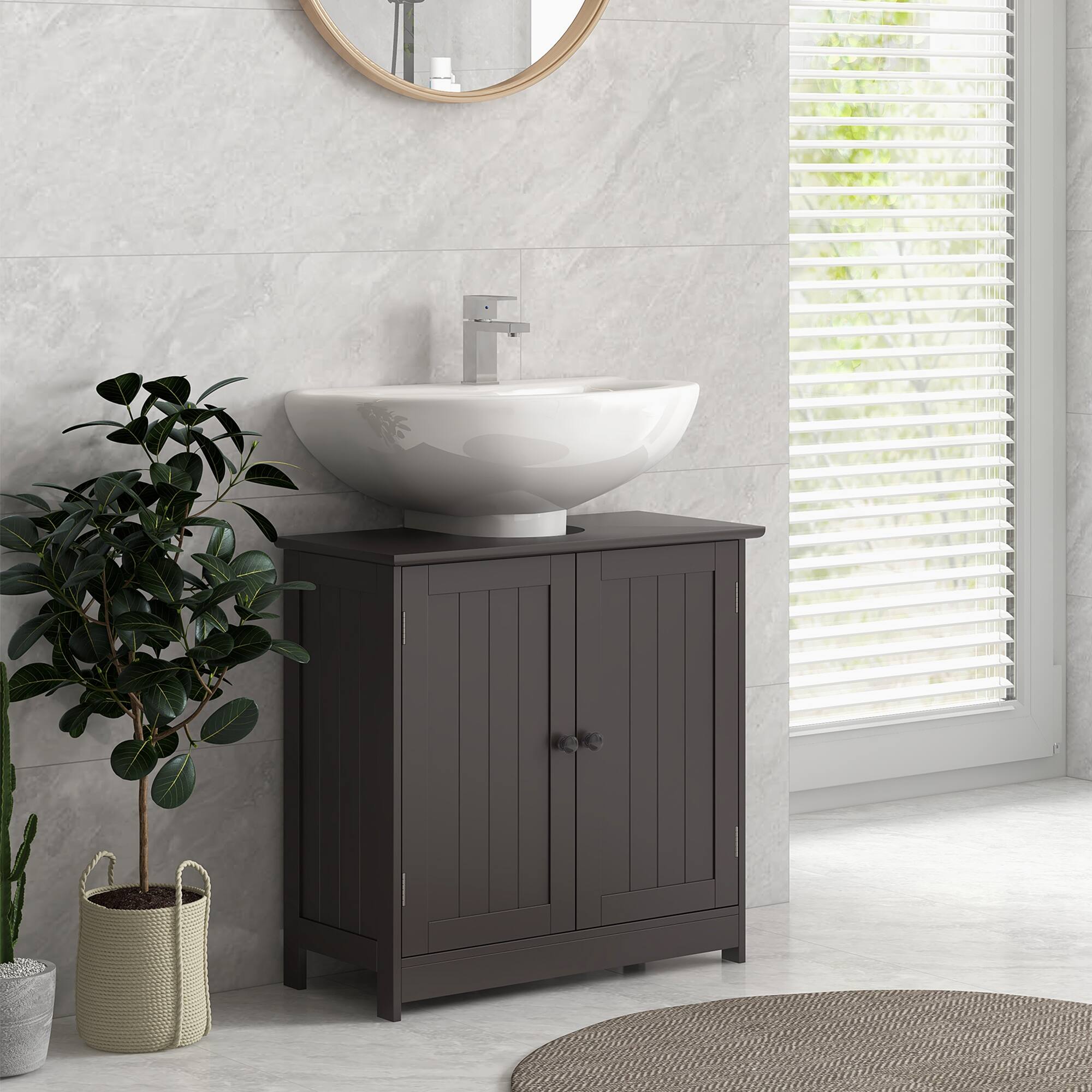Angle. Homcom - Under Sink Bathroom Cabinet, Pedestal Sink Storage Cabinet with 2 Doors, Shelf and U-Shape - Coffee.