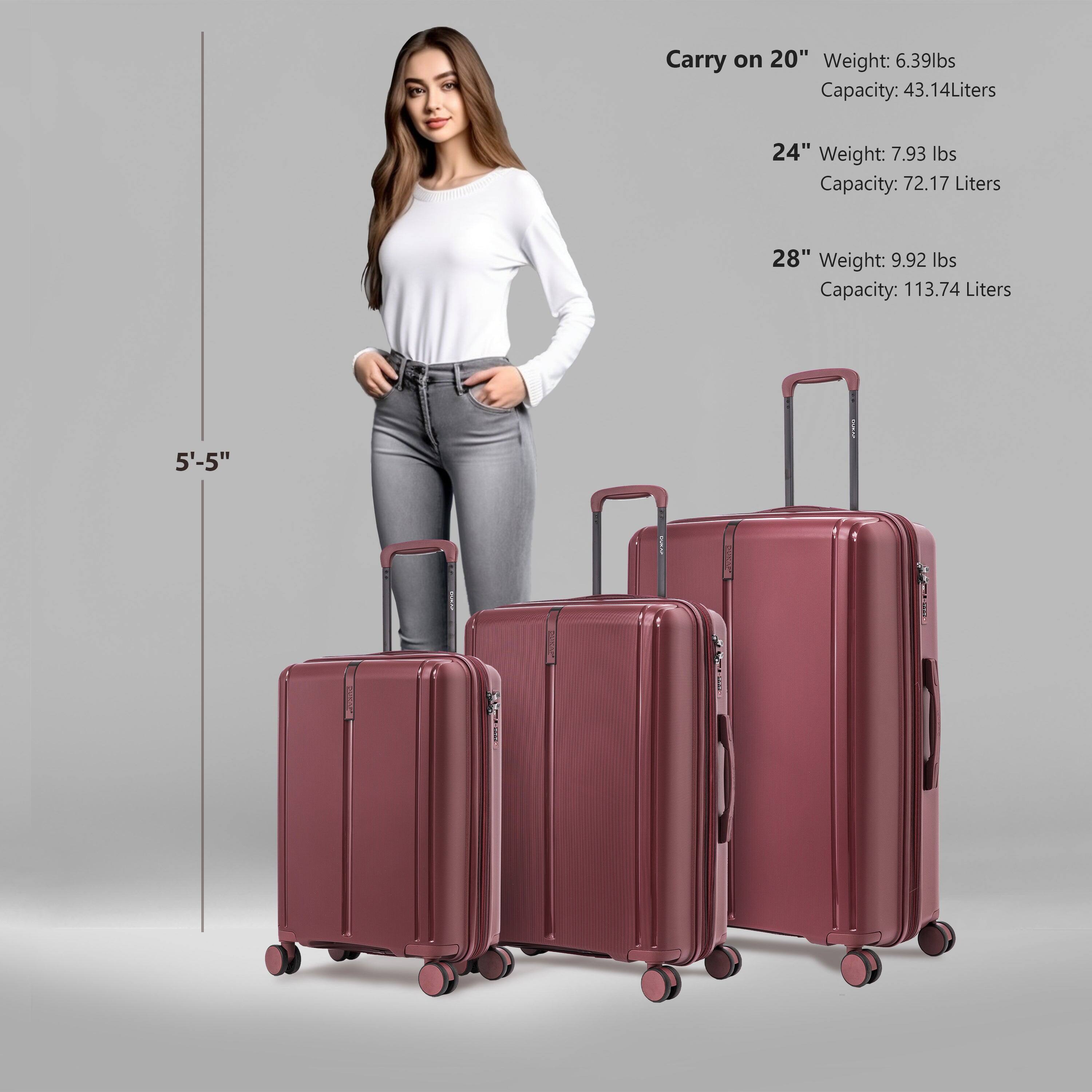 - Carry on 20"  
  Weight: 6.39 lbs  
  Capacity: 43.14 Liters  

- 24"  
  Weight: 7.93 lbs  
  Capacity: 72.17 Liters  

- 28"  
  Weight: 9.92 lbs  
  Capacity: 113.74 Liters  

- 5'-5"