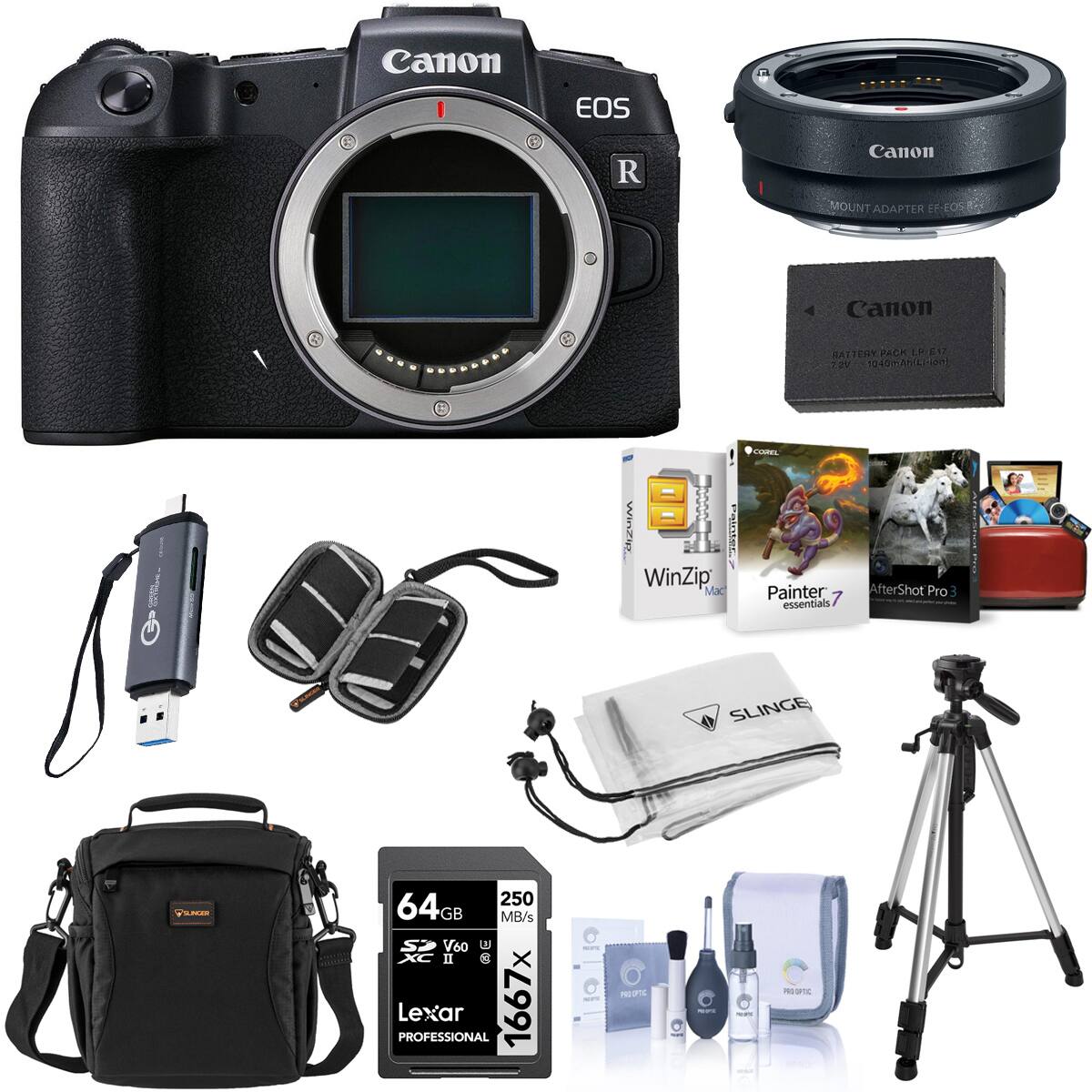 Canon EOS R  
Canon MOUNT ADAPTER EF-EOS R  
Canon BATTERY PACK LP-E17 (7.4V 1400mAh-Li-ion)  
WinZip WinZip Mac  
Corel Painter 7 essentials  
AfterShot Pro 3  
SLINGE  
TSUNGER  
64GB 250 MB/s V60 U3 XC II @ Lexar PROFESSIONAL 1667x  
MONTE, PRO OPTIC  
PEOPOS  
MILKETS Follow  
PROOFIC