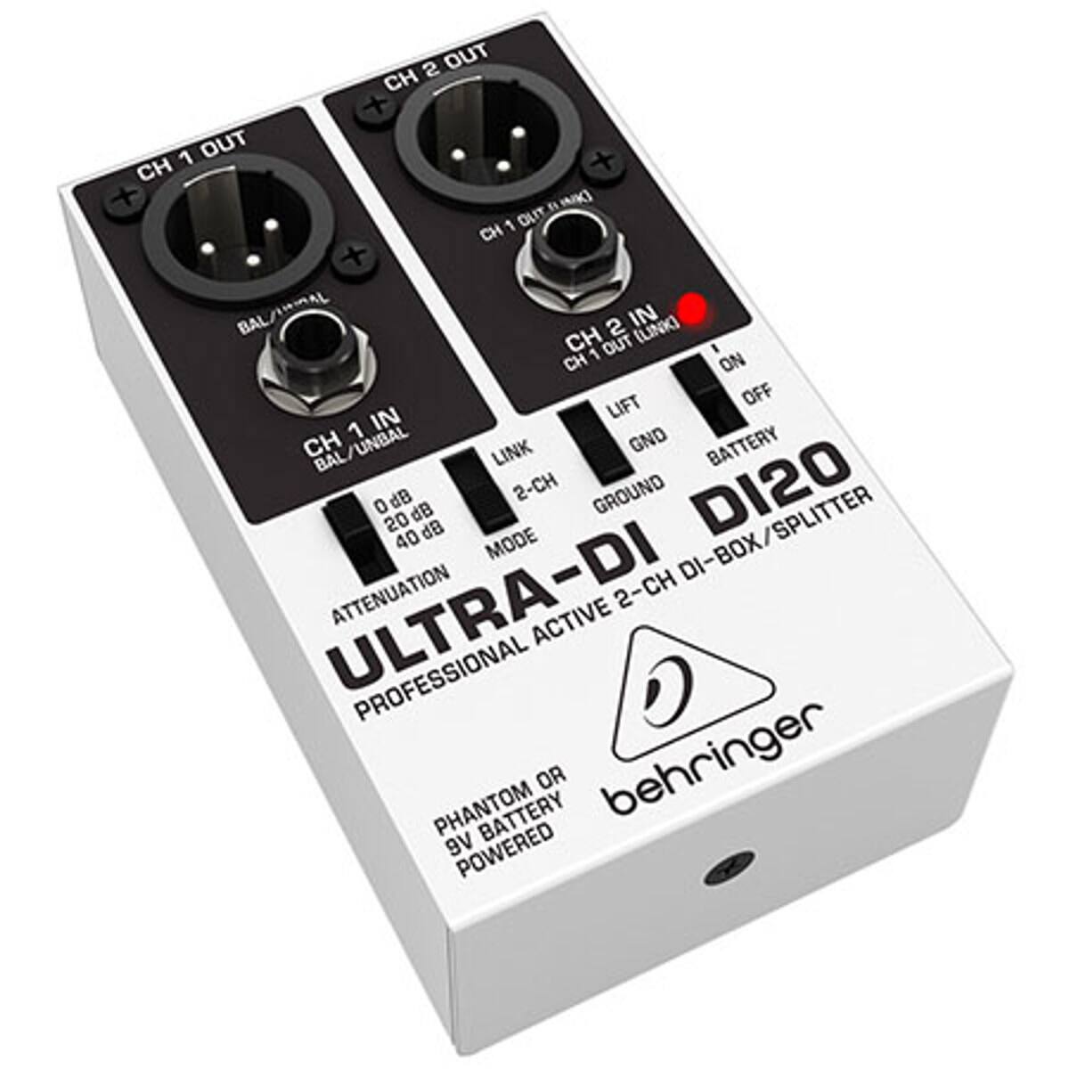 2 OUT  
CH 1 OUT  
CH 2 OUT  
CH 1 IN  
CH 2 IN  
BAL/UNBAL  
LINK  
LIFT  
GND  
BATTERY  
0 dB  
20 dB  
40 dB  
ATTENUATION  
MODE  
DI-BOX/SPLITTER  
ULTRA-DI  
2-CH ACTIVE PROFESSIONAL  
PHANTOM OR 9V BATTERY POWERED  
behringer