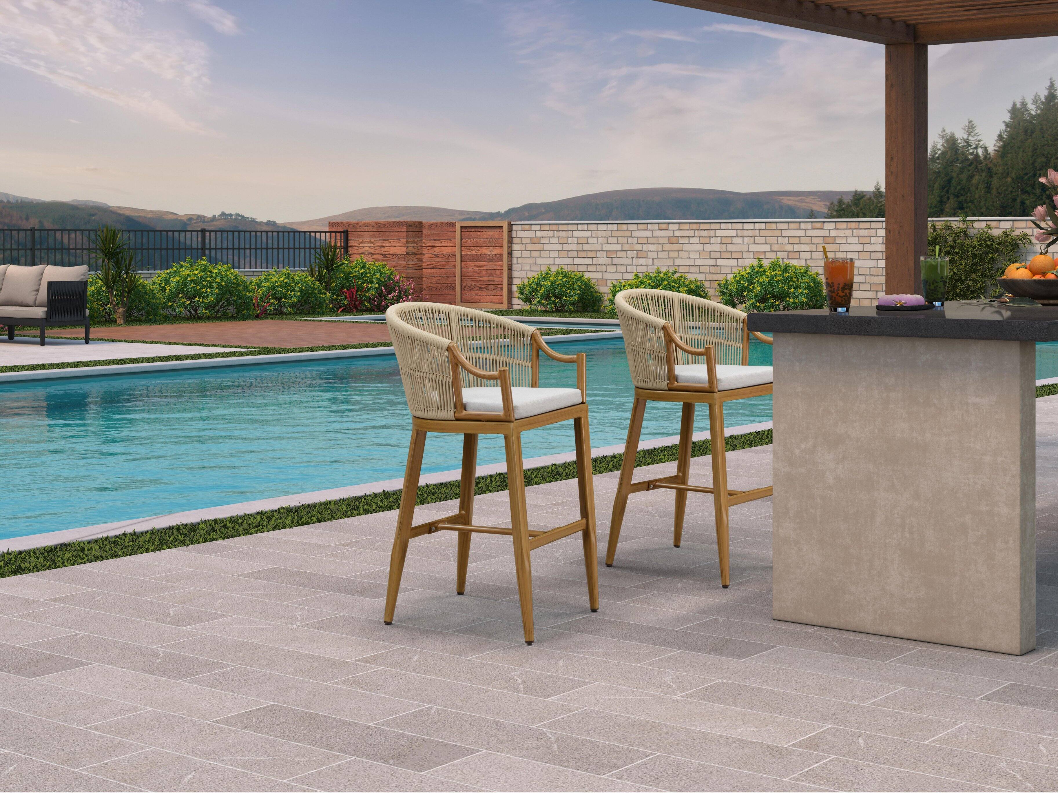 Alt View 1. PURPLE LEAF - Patio Bar Height Set of 2 Outdoor Rattan Chairs with Back Modern Aluminum Woven Barstools for Garden Indoor Kitchen - Teak-Bar Stool.