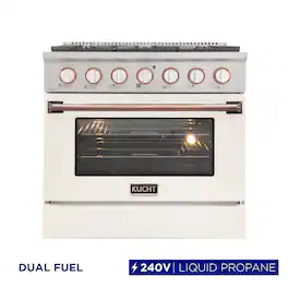 Kucht - 36" Dual Fuel Range for LP, SS/White Door, White Knobs, Rose Gold Handle & Rings, Convection Oven - White & Rose Gold
