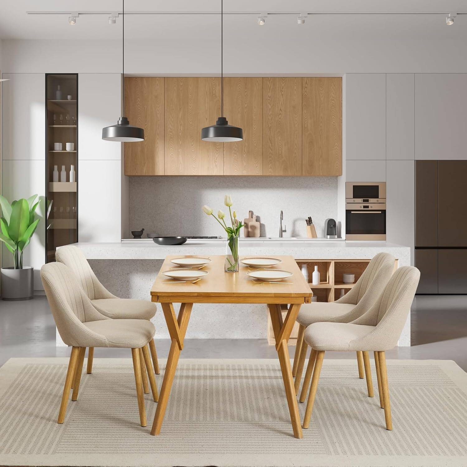 Alt View 4. Acekool - Dining Chairs Set of 4, Fabric Upholstered Kitchen Side Chairs with Curved Backrest & Oak Legs - Beige.