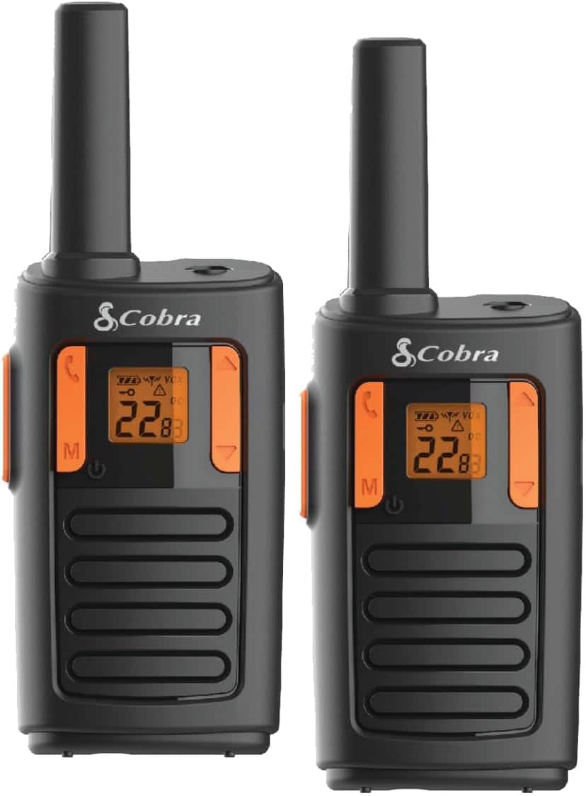 Cobra - RX180 Walkie Talkies – 18-Mile Range Signal, 22 Channels, NOAA Weather Alerts, 10 Call Tones, Voice-Activated 2-Pack - Black/Orange