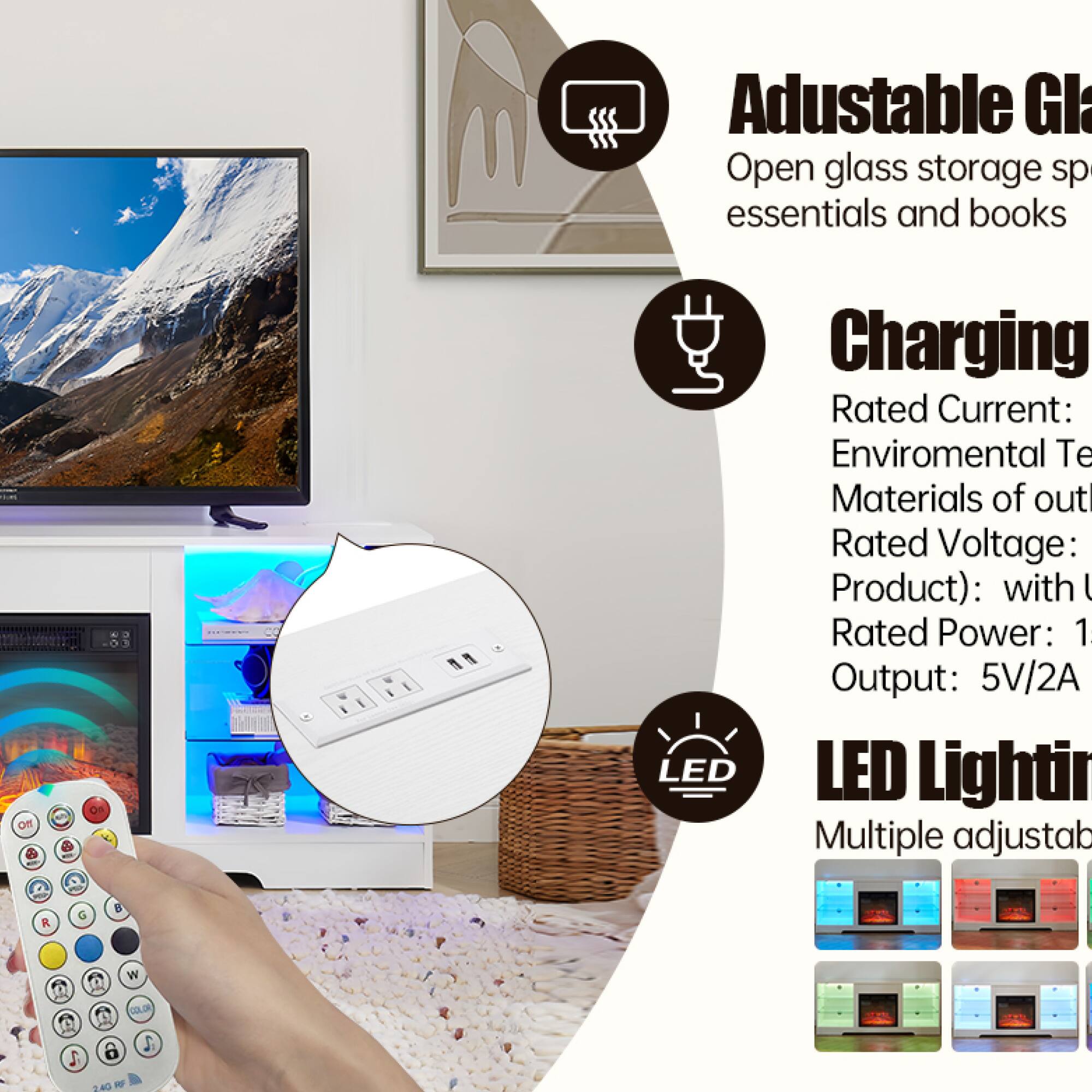 Adjustable Glass Open glass storage space for essentials and books

Charging
Rated Current: Environmental Test Materials of outl
Rated Voltage: Product): with U
Rated Power: 1
Output: 5V/2A

LED Lighting
Multiple adjustable