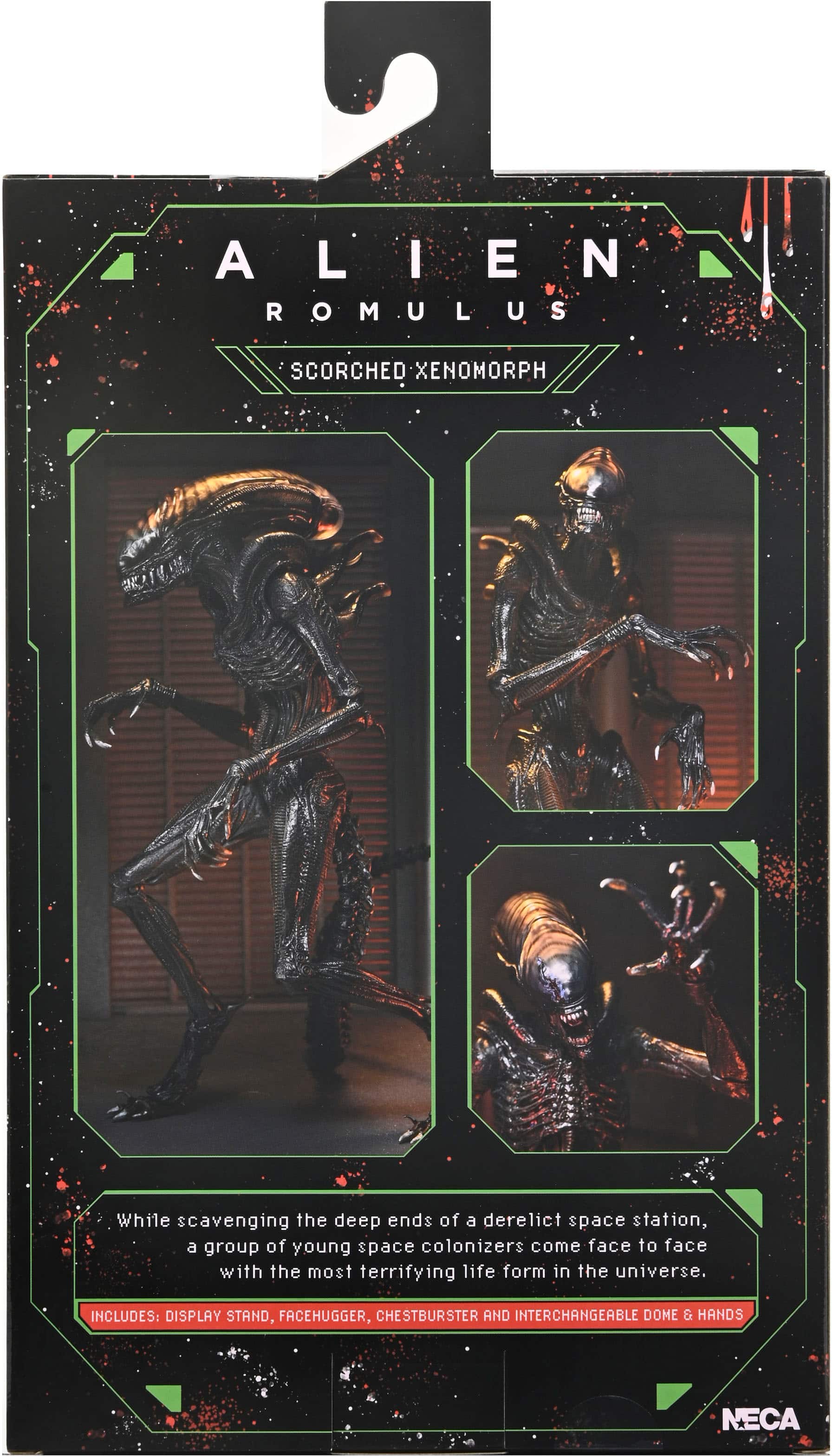 The text on the image reads: "2 ALIEN ROMULUS SCORCHED XENOMORPH While scavenging the deep ends of a derelict space station, a group of young space colonizers come face to face with the most terrifying life form in the universe. INCLUDES: DISPLAY STAND, FACEHUGGER, CHESTBURSTER AND INTERCHANGEABLE DOME & HANDS NECA."