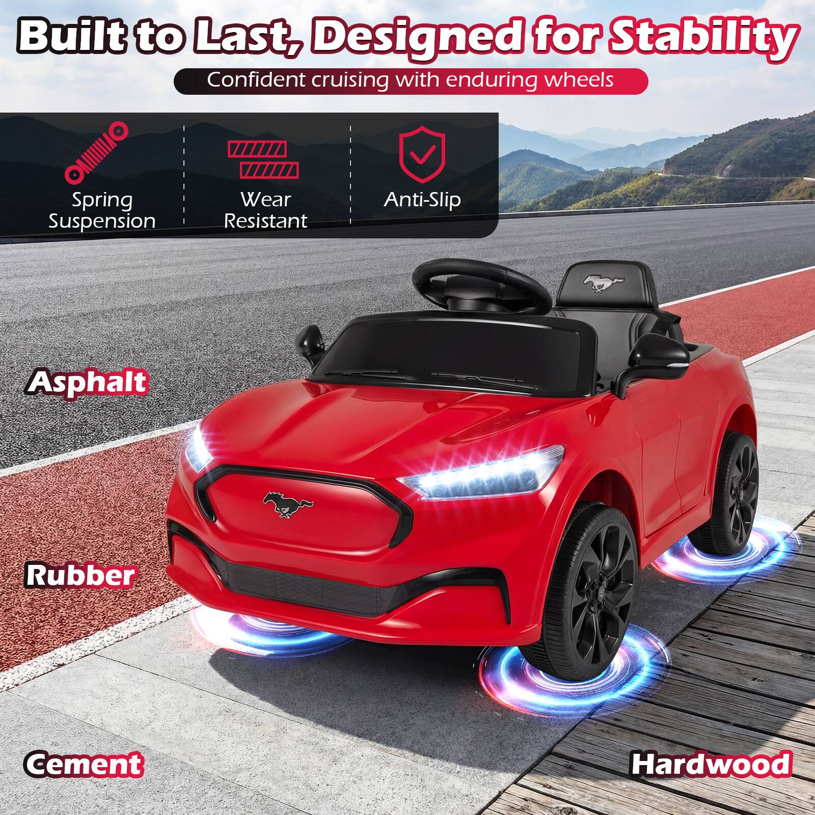 Built to Last, Designed for Stability  
Confident cruising with enduring wheels  

- Spring Suspension  
- Wear Resistant  
- Anti-Slip  

Asphalt  
Rubber  
Cement  
Hardwood
