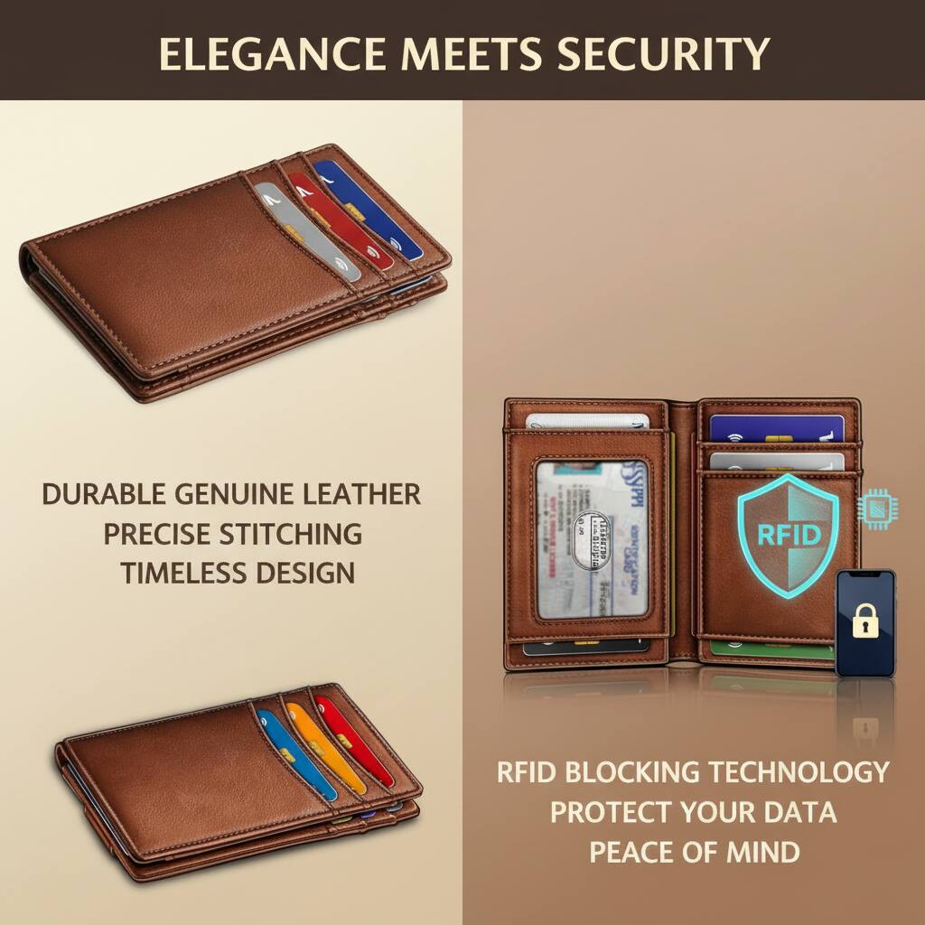 ELEGANCE MEETS SECURITY

DURABLE GENUINE LEATHER  
PRECISE STITCHING  
TIMELESS DESIGN

RFID BLOCKING TECHNOLOGY  
PROTECT YOUR DATA  
PEACE OF MIND