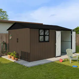 Anysun - 12x10ft Metal Garden Shed with Window, Shelves & Foldable Worktable, Outdoor Storage with Apex Roof & Locking Door - Brown