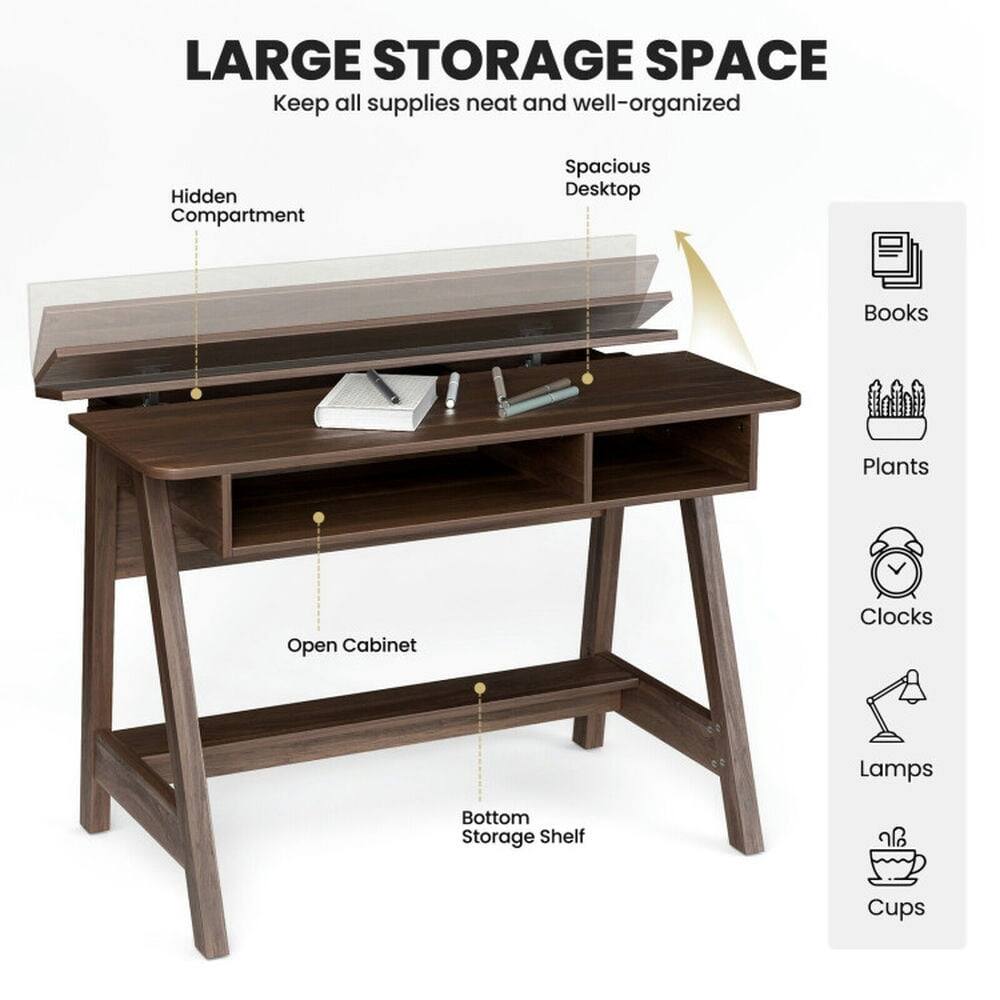 LARGE STORAGE SPACE  
Keep all supplies neat and well-organized  

- Hidden Compartment  
- Spacious Desktop  
- Open Cabinet  
- Bottom Storage Shelf  

Icons:  
- Books  
- Plants  
- Clocks  
- Lamps  
- Cups