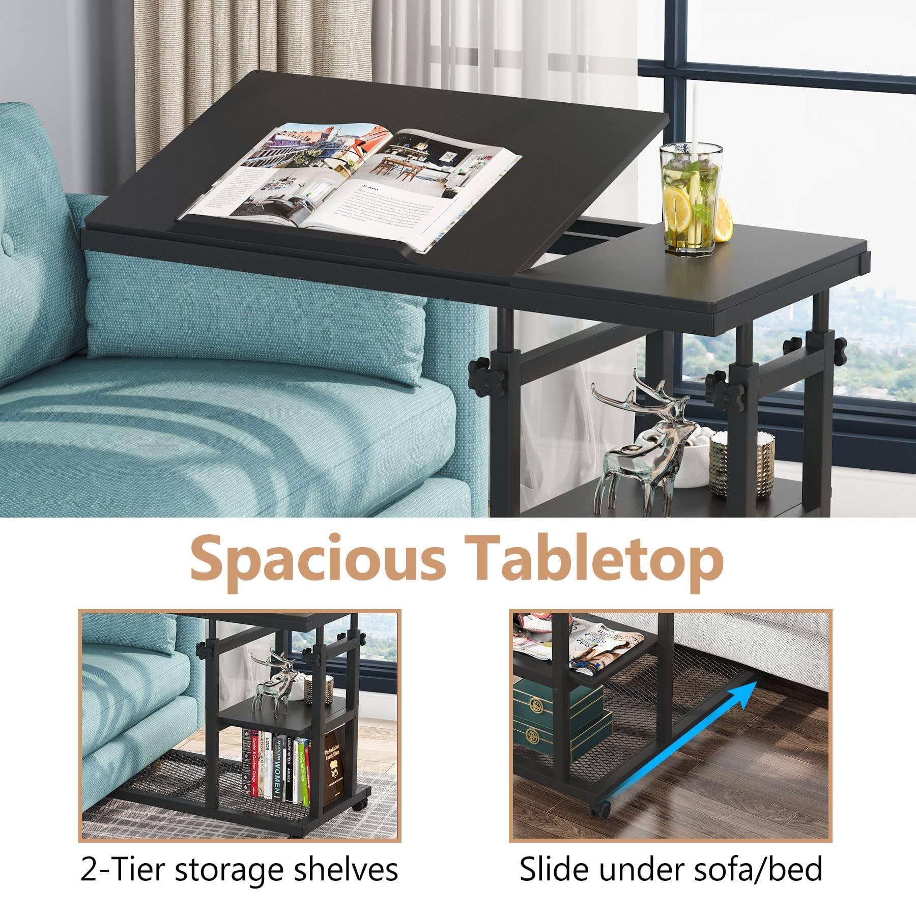 Spacious Tabletop  
2-Tier storage shelves  
Slide under sofa/bed
