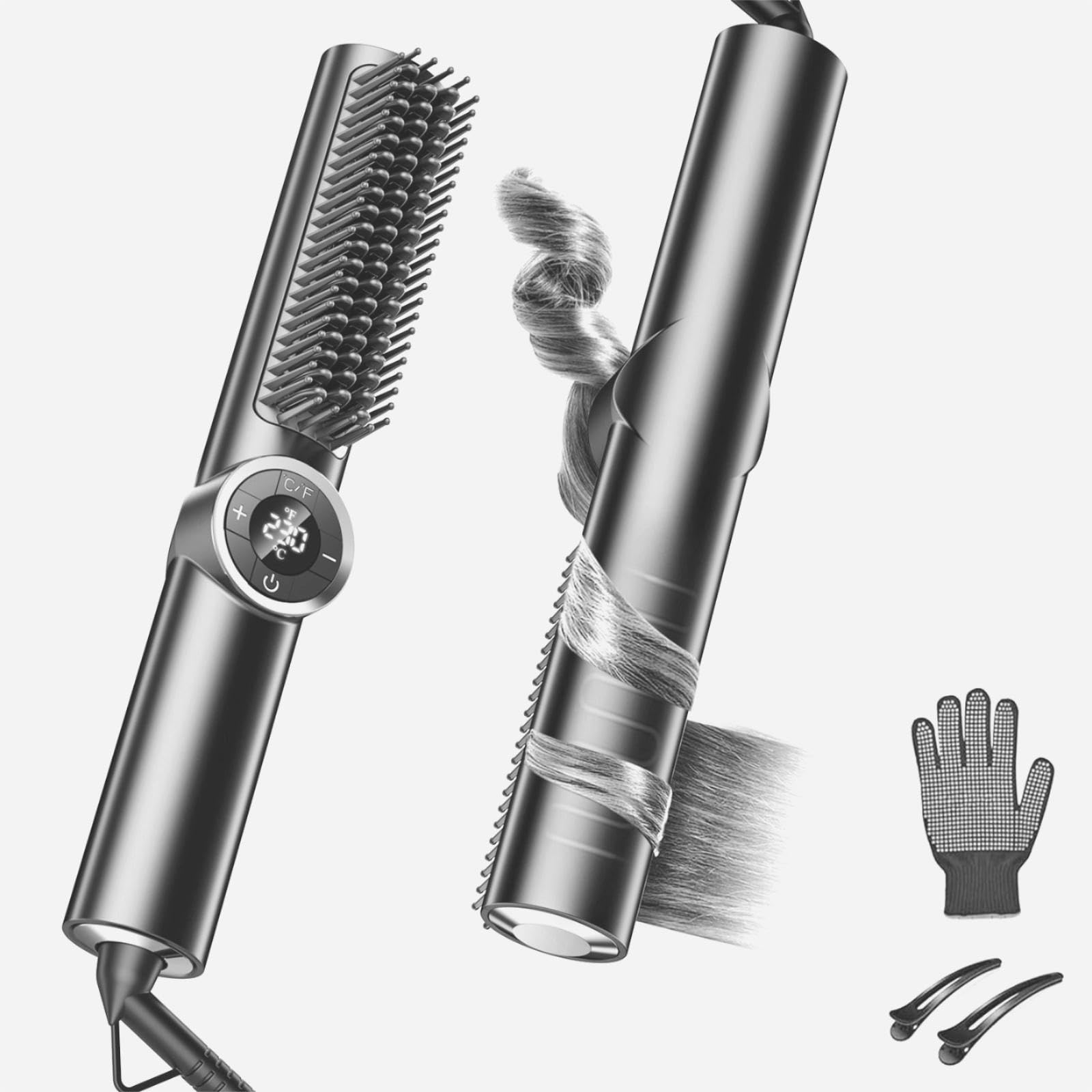 Front. The Best Inks - Hair Straightener Brush 3-in-1 Curling Straightening Comb With Dual Hot Ionic Coating Black Hair - Gray Black.