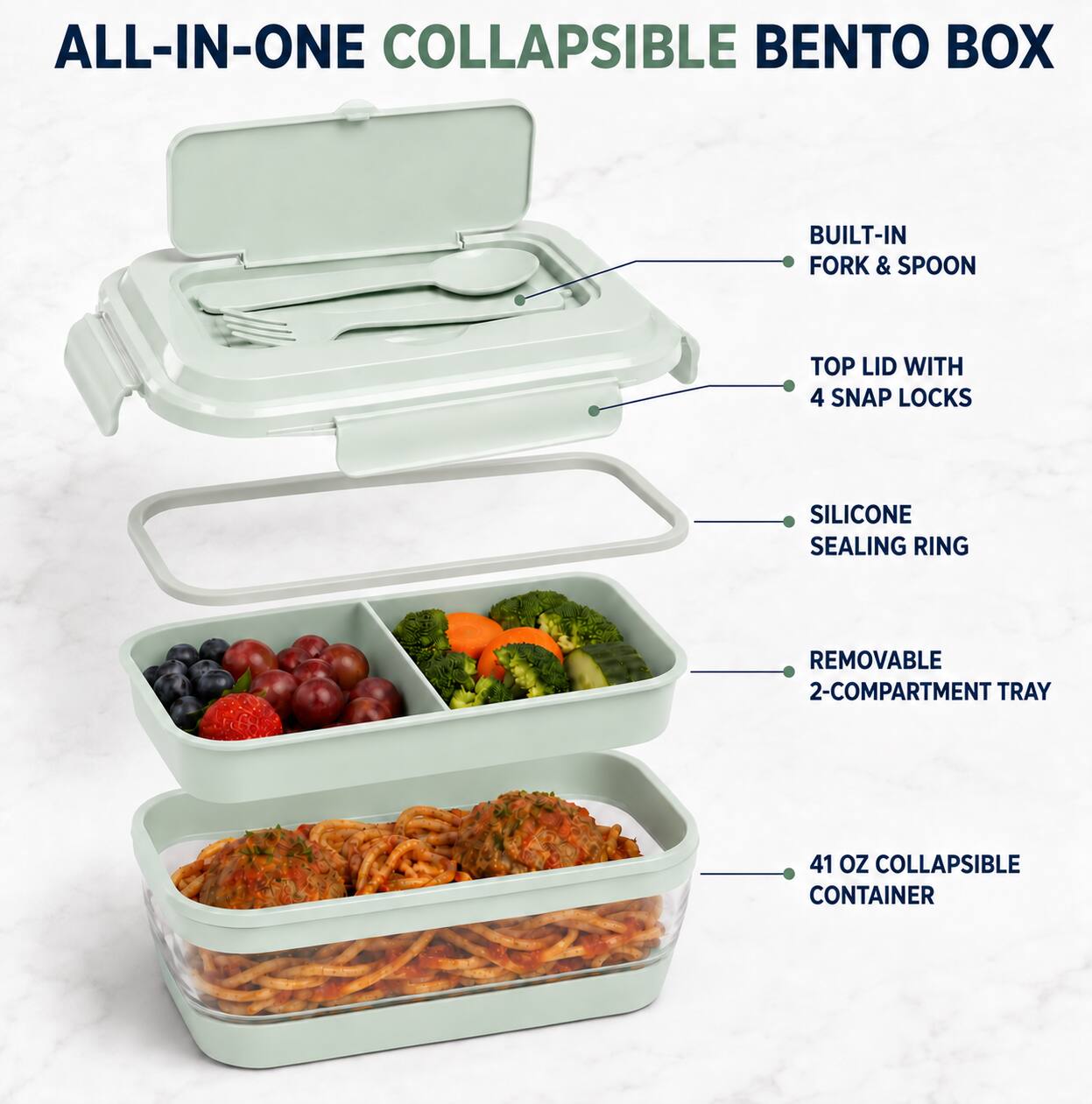 ALL-IN-ONE COLLAPSIBLE BENTO BOX

- BUILT-IN FORK & SPOON
- TOP LID WITH 4 SNAP LOCKS
- SILICONE SEALING RING
- REMOVABLE 2-COMPARTMENT TRAY
- 41 OZ COLLAPSIBLE CONTAINER