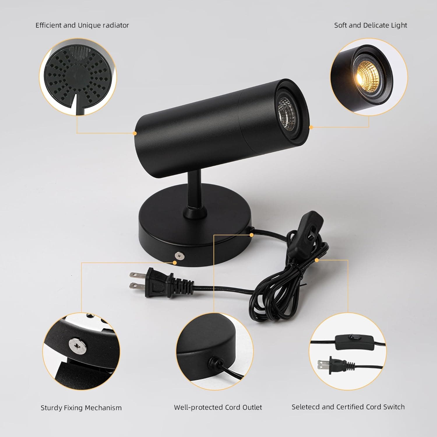 Efficient and Unique radiator  
Soft and Delicate Light  
Sturdy Fixing Mechanism  
Well-protected Cord Outlet  
Selected and Certified Cord Switch