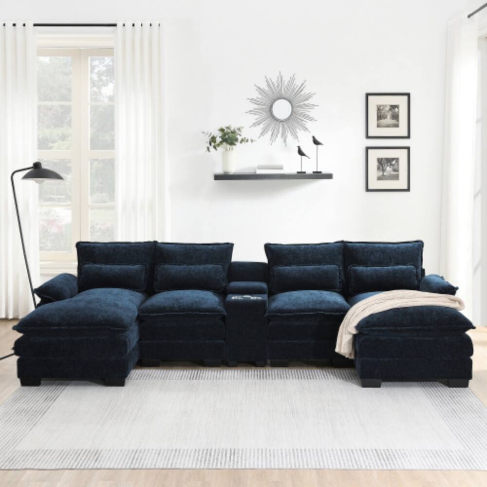 Alt View 7. LUCKY ONE - 123" U-Shaped 6-Seat Symmetrical Cloud Chenille Sectional Sofa w/ Console USB - Dark Blue.