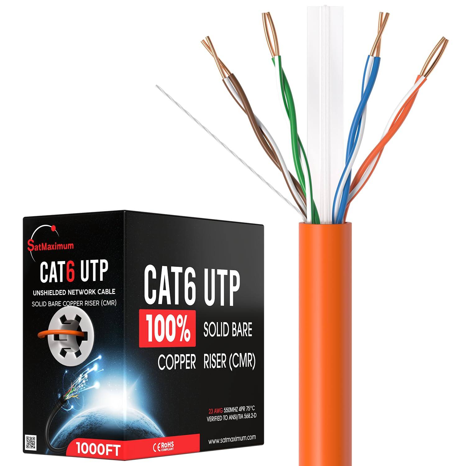 SatMaximum CAT6 UTP UNSHIELDED NETWORK CABLE SOLID BARE COPPER RISER (CMR)  
CAT6 UTP 100% SOLID BARE COPPER RISER (CMR)  
AWG 550MHZ PR 15C 23  
VERIFIED 10 ANSUTA 568.2-0  
1000FT (E) ROHS  
www.satmaximum.com