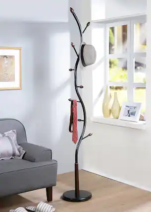 Front. ThinkLink Electronic - Arles Metal And Walnut Standing Coat Rack - Black.