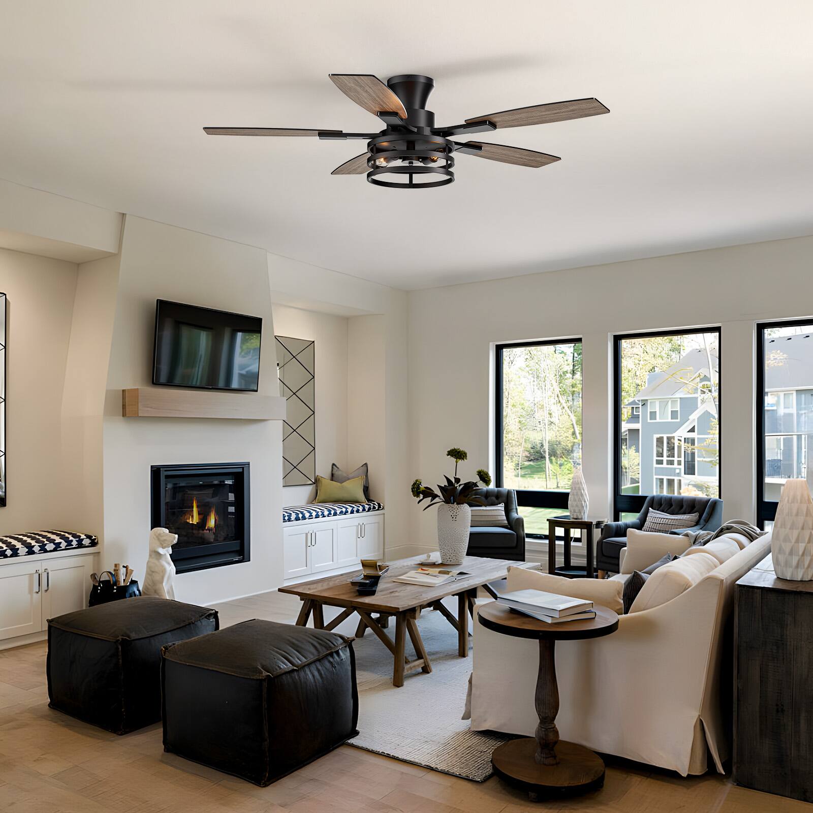 Alt View 8. Siljoy - 52 Inch Farmhouse Flush Mount Ceiling Fan with Lights Dual Blades Remote Included 5 Blades for Patio Bedroom Living Room - Black.