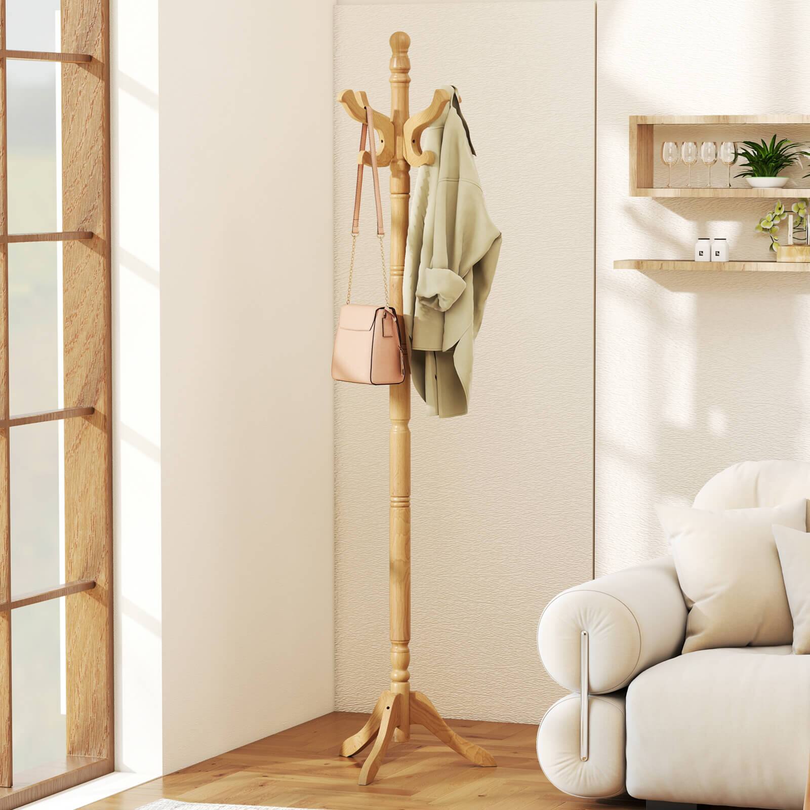 Alt View 1. Costway - Costway Solid Rubber Wood Coat Rack with 3 Adjustable Heights and 11 Hooks for Hallway - Natural.