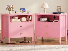 Aheaplus - Nightstands with Charging Station Set of 2, 23.6'' Wooden Bedside Table with 2 Drawers for Bedroom - Pink