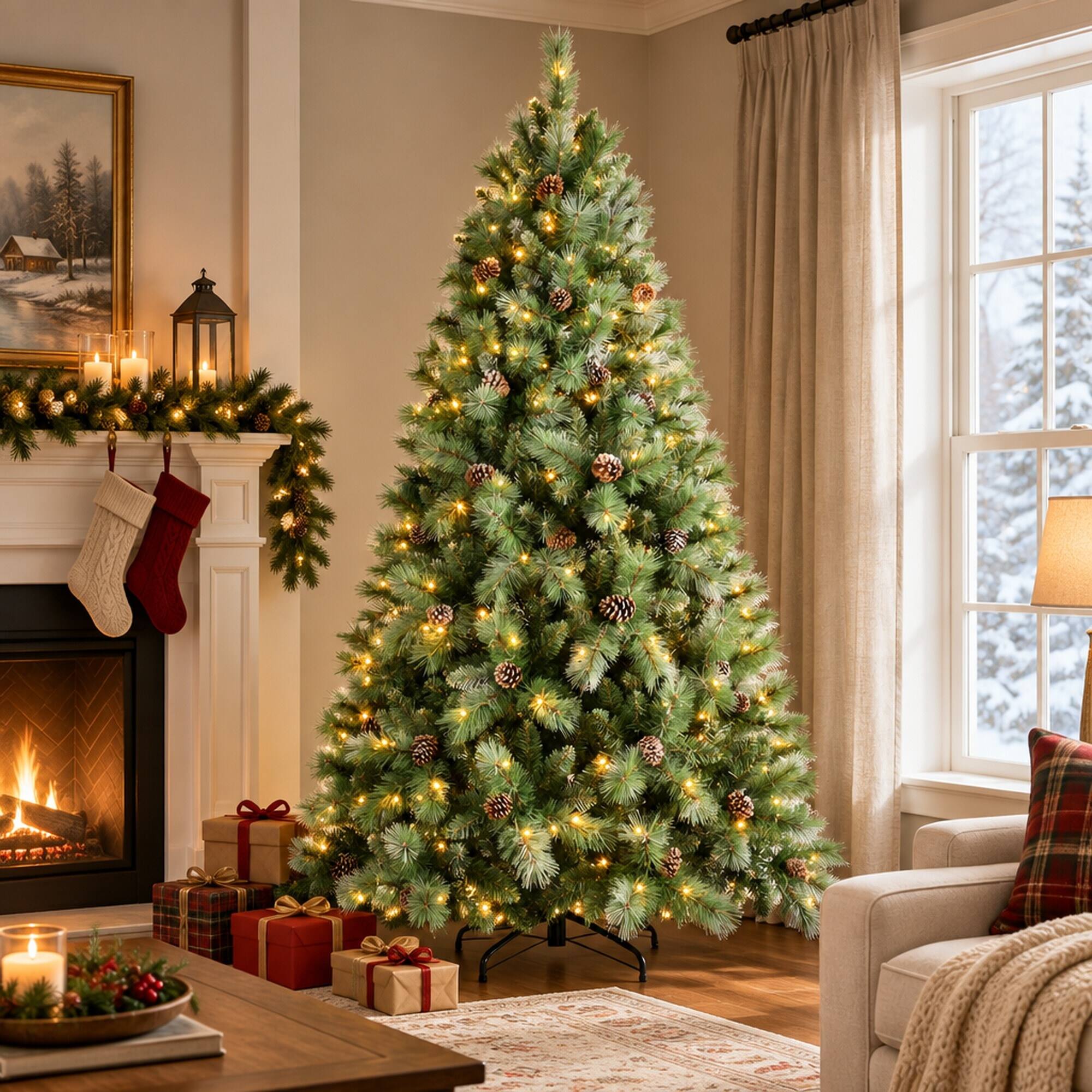 Left. RYHNUYNE - 7FT Pre-Lit Artificial Christmas Tree With 400 Warm White LED Lights and 1348 Tips, 82 Pine Cones and Metal Stand - Green.