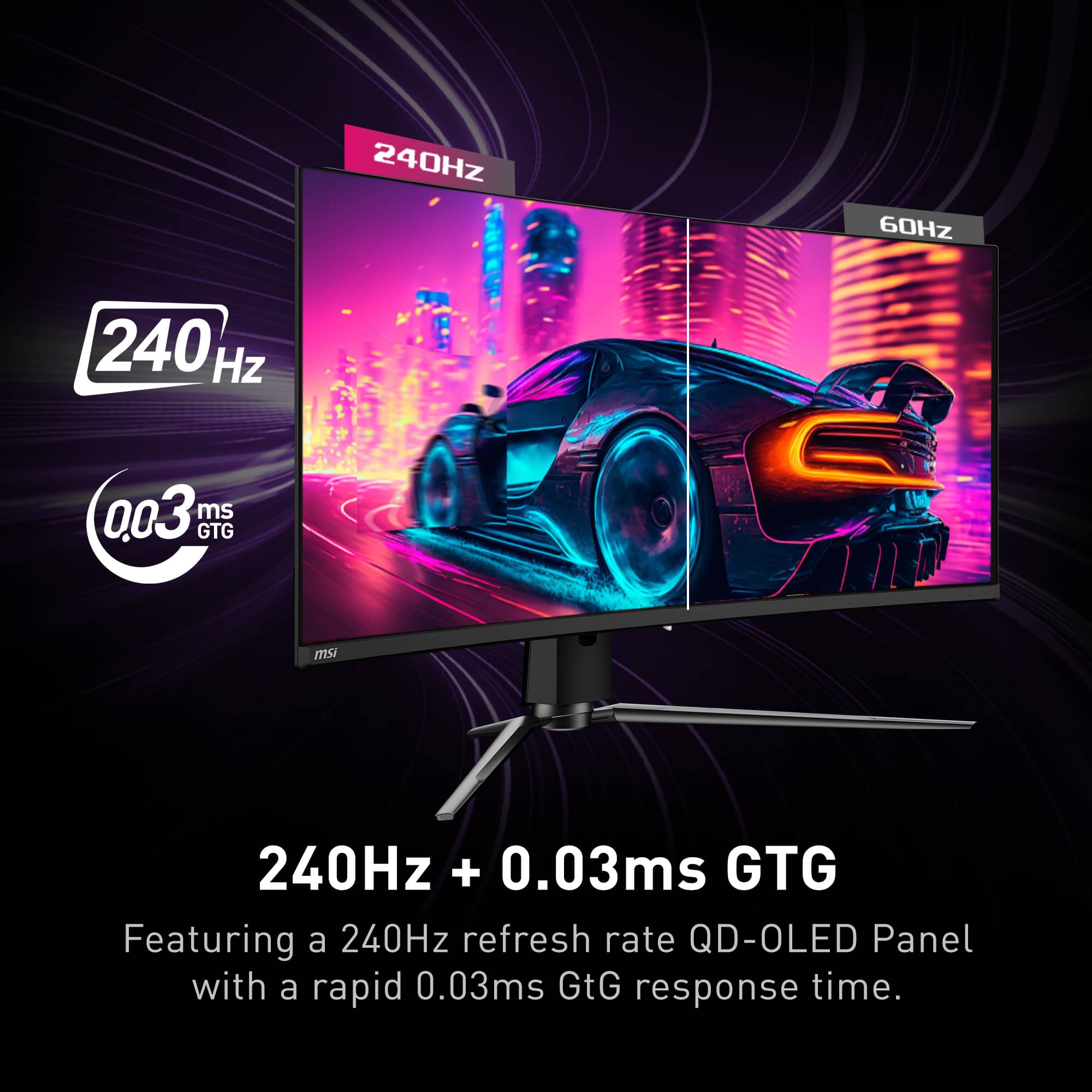 The text on the image is grouped and corrected as follows:
"240HZ 60Hz 240 Hz 003 ms GTG msi 240Hz + 0.03ms GTG Featuring a 240Hz refresh rate QD-OLED Panel with a rapid 0.03ms GtG response time."