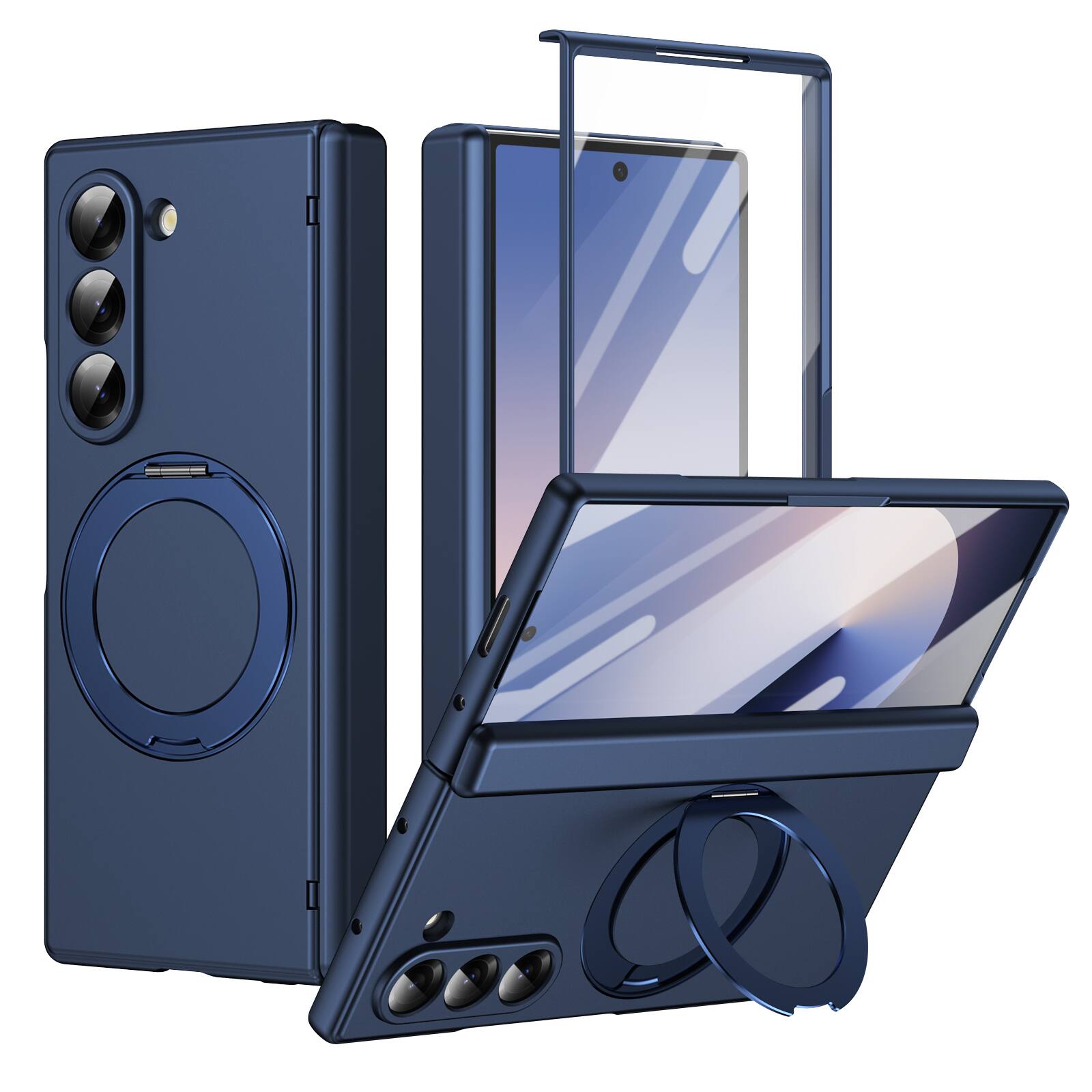 Dteck - For Samsung Galaxy Z Fold 6 Rugged Case With Screen Protector, Shockproof Magnetic Ring Stand Hinge Protection Cover - Blue