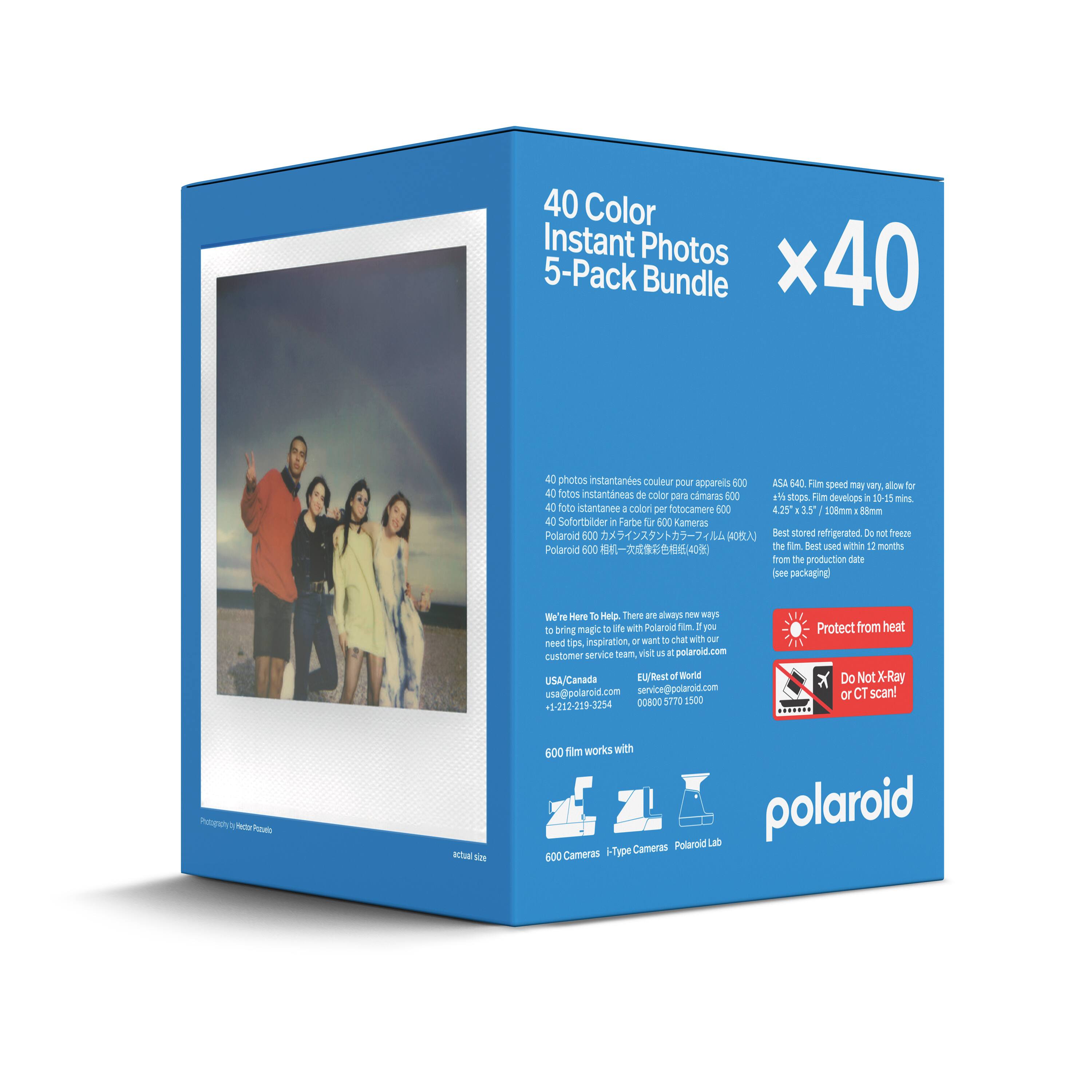 40 Color Instant Photos 5-Pack Bundle x40

40 photos instantanes couleur pour appareils 600
40 fotos instantaneas de color para cámaras 500
40 foto istantanee colori per fotocamere 500
# Sofortbilder in Farbe for 600 Kameras Polaroid 600

ASA 640 Film speed may vary, allow for 4-5 stops. Film develops in 10-15 mins
4.25 x 3.5" 100mm

Best stored refrigerated. Do not freeze
Best used within 11 months from the production date (see packaging)

Protect from heat
Do Not X-Ray or CT scan!

Polaroid 600 film works with
Polaroid 600 Cameras
Polaroid 1-Type Cameras
Polaroid Lab

We're Here to Help! There are always new ways to live with Polaroid film. For tips, inspiration, or to chat with our customer service team, visit us at polaroid.com
USA/Canada: service@polaroid.com 1-212-219