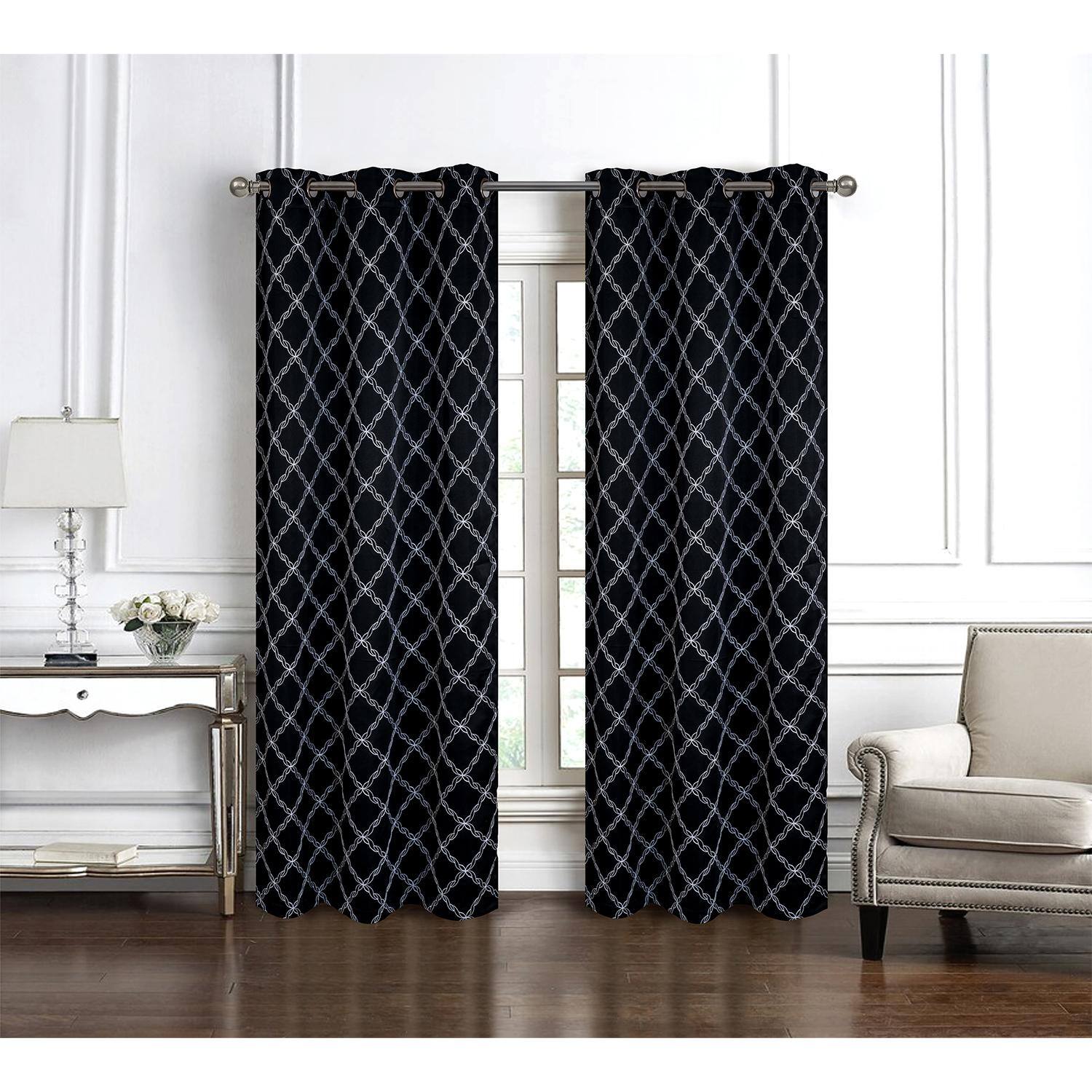 Angle. RT Designers Collection - RT Designer Collection Gable Embroidered Blackout Luxurious Decorative Grommet Curtain Panel 54" x 84" Black - Black.