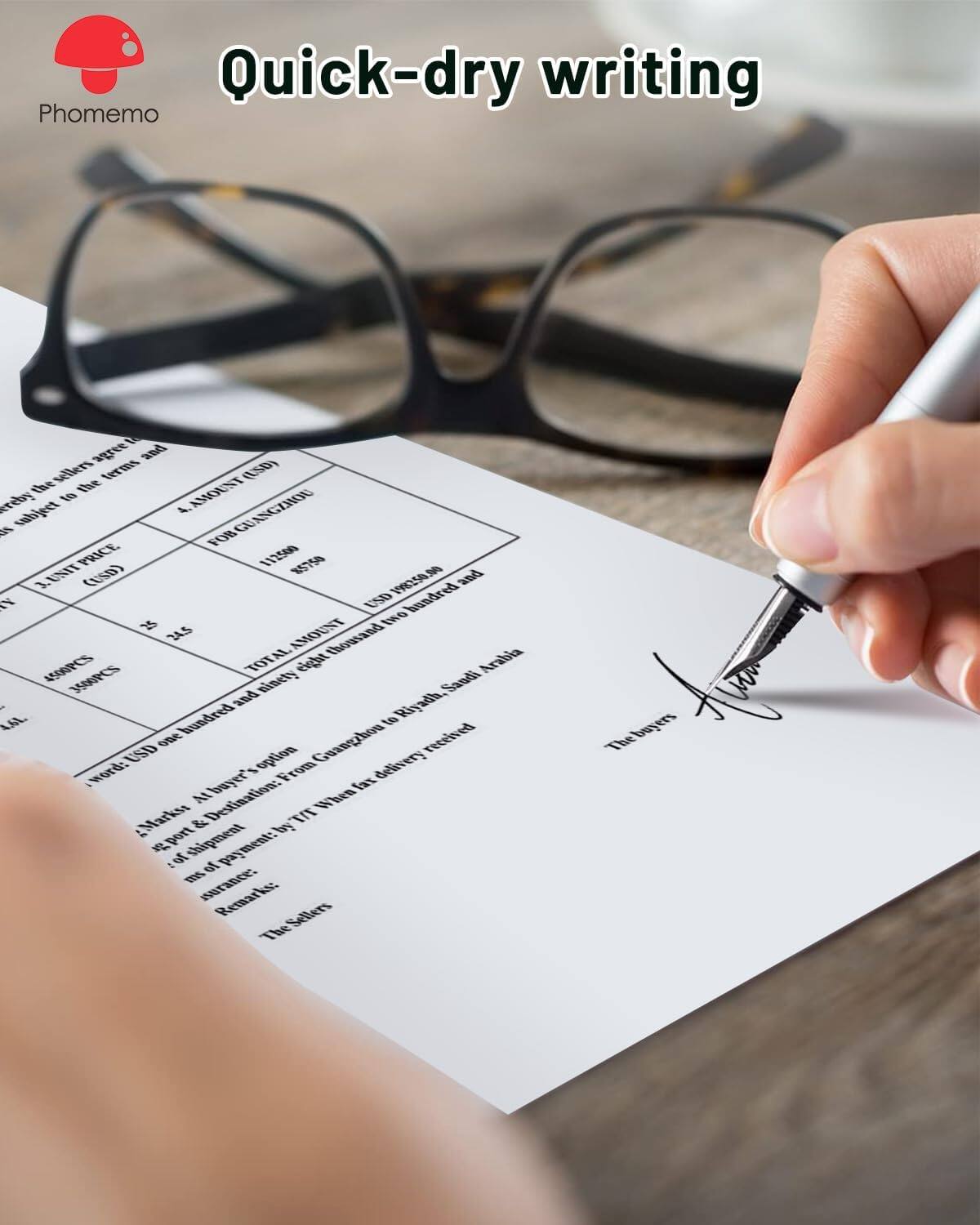 Quick-dry writing

Phomemo

The sellers agree to the terms and conditions as follows:

1. UNIT PRICE (USD)  
   112.50

2. AMOUNT (USD)  
   85750

3. TOTAL AMOUNT (USD)  
   1982500

4. AMOUNT (USD)  
   word: USD one hundred and eighty thousand two hundred and forty-five

5. AMOUNT (PCS)  
   4500PCS

6. AMOUNT (PCS)  
   350PCS

Destination: Riyadh, Saudi Arabia

When Marka & by far delivery received

From Guangzhou to Riyadh

At buyer's option

Port & shipment of payment: by T/T

Insurance: Remarks: The Sellers