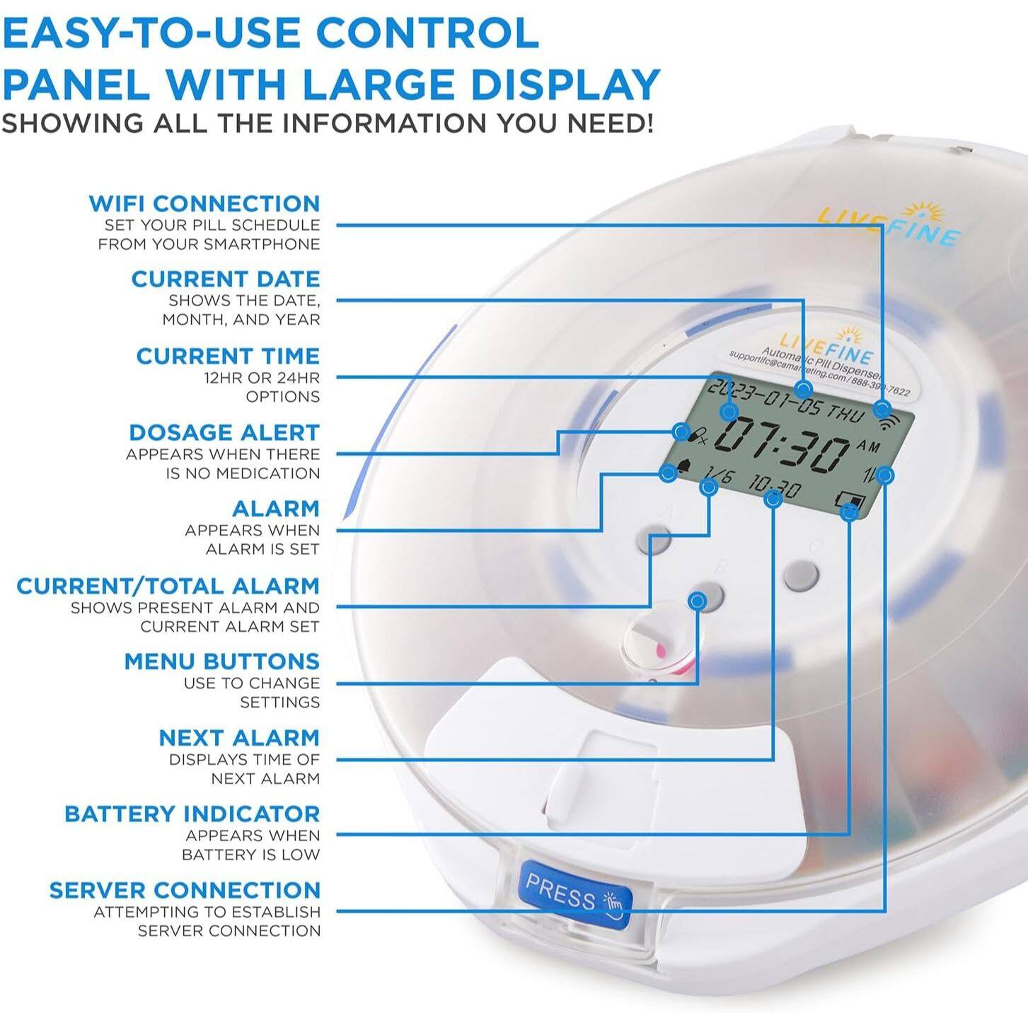 EASY-TO-USE CONTROL PANEL WITH LARGE DISPLAY SHOWING ALL THE INFORMATION YOU NEED!

- WIFI CONNECTION
  - SET YOUR PILL SCHEDULE FROM YOUR SMARTPHONE

- CURRENT DATE
  - SHOWS THE DATE, MONTH, AND YEAR

- CURRENT TIME
  - 12HR OR 24HR OPTIONS

- DOSAGE ALERT
  - APPEARS WHEN THERE IS NO MEDICATION

- ALARM
  - APPEARS WHEN ALARM IS SET

- CURRENT/TOTAL ALARM
  - SHOWS PRESENT ALARM AND CURRENT ALARM SET

- MENU BUTTONS
  - USE TO CHANGE SETTINGS

- NEXT ALARM
  - DISPLAYS TIME OF NEXT ALARM

- BATTERY INDICATOR
  - APPEARS WHEN BATTERY IS LOW

- SERVER CONNECTION
  - ATTEMPTING TO ESTABLISH SERVER CONNECTION

PRESS