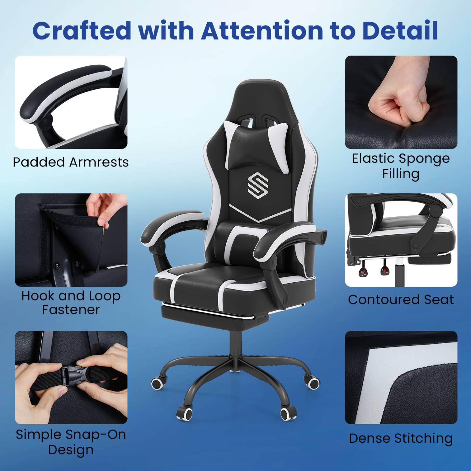 Crafted with Attention to Detail

- Padded Armrests
- Elastic Sponge Filling
- Hook and Loop Fastener
- Contoured Seat
- Simple Snap-On Design
- Dense Stitching