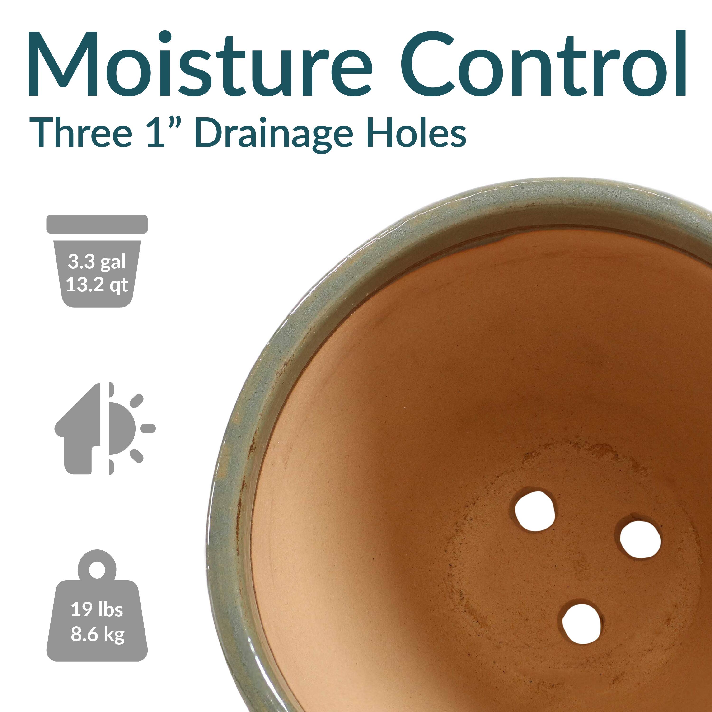 Moisture Control  
Three 1" Drainage Holes  

3.3 gal  
13.2 qt  

19 lbs  
8.6 kg