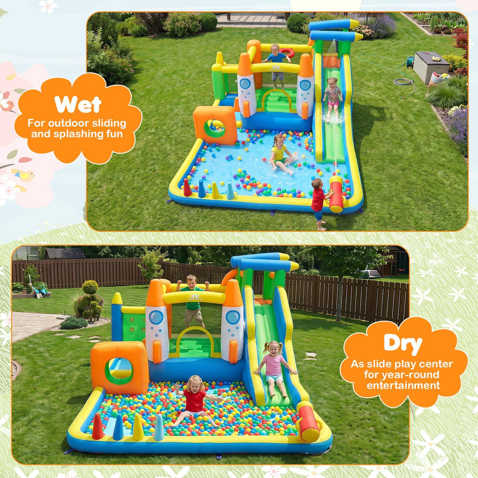 Wet  
For outdoor sliding and splashing fun  

Dry  
As slide play center for year-round entertainment