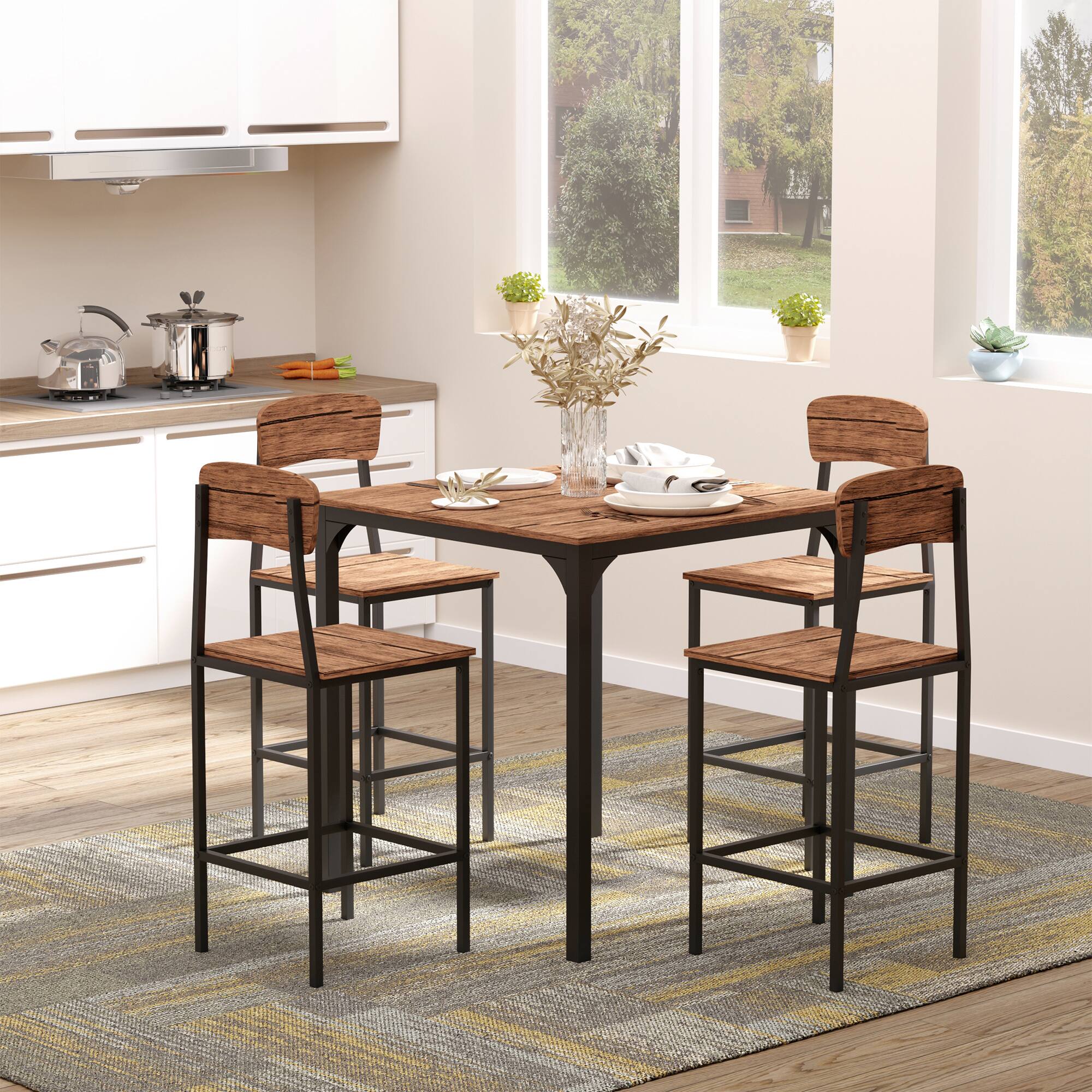 Alt View 1. Homcom - Counter Height Bar Table Set for 4, Square Kitchen Table and Chairs Set with Footrest, Metal Legs - Walnut,Black.