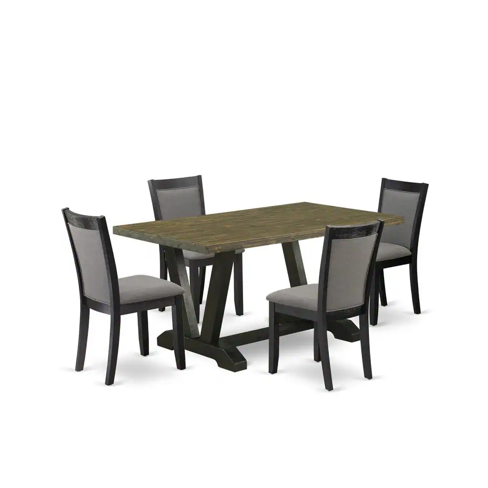 Alt View 4. East West Furniture - V676MZ650-5 5 Piece Dining Set - Distressed Jacobean Table with 4 Dark Gotham Grey Linen Fabric Chairs - Wire Brushed - Multi-Color.