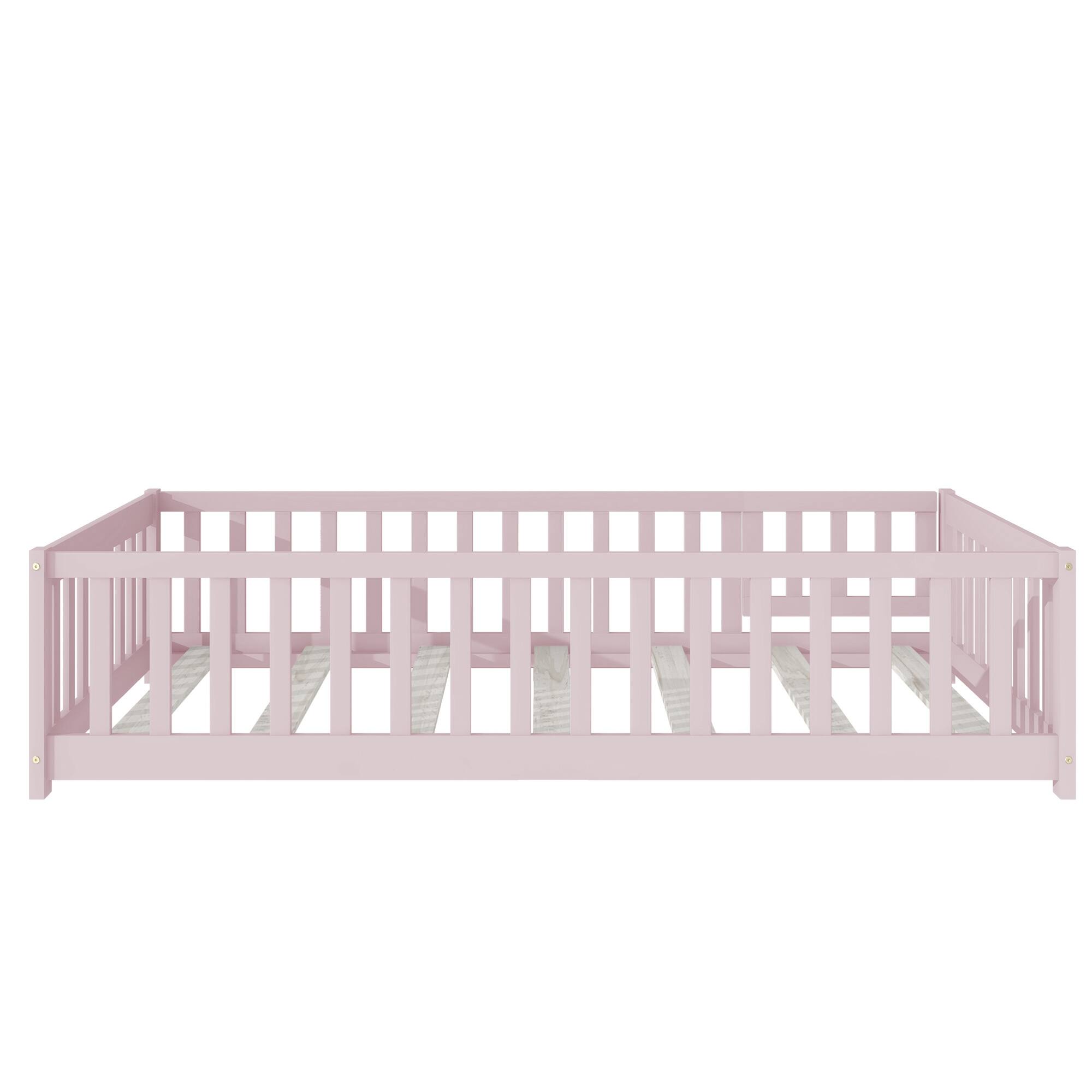 Alt View 7. GOODSILO - Twin Size Low-Profile Children's Floor Bed with Safety Guardrails and Entry Door, Natural Wood Finish - Pink.