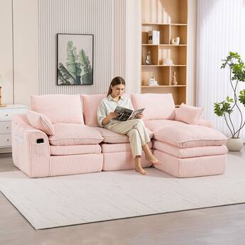 Meqiodas L Shaped Modular Sectional Sofa Modern Corduroy Boneless Couches with Movable Footstool, With Three Pillows Pink