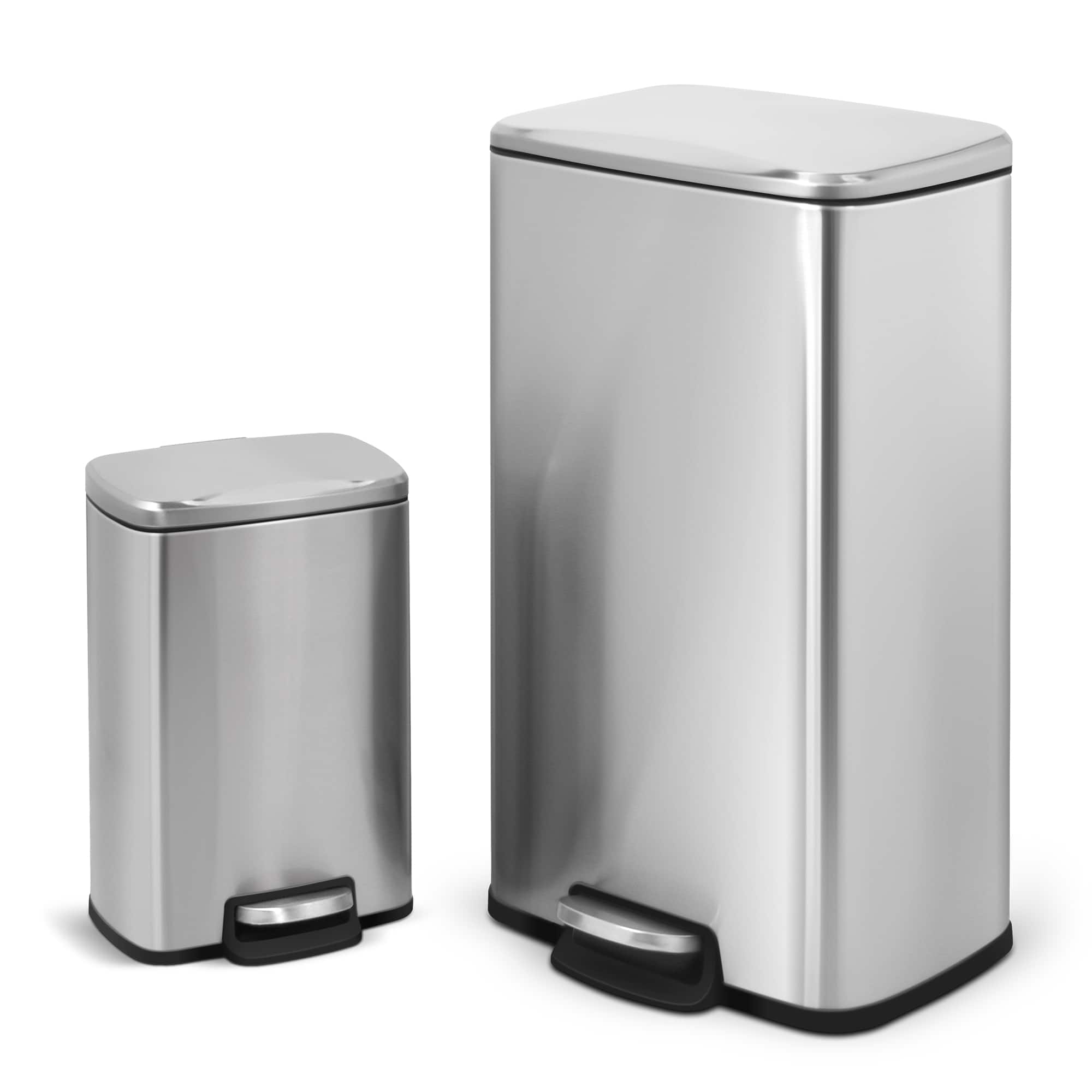 Front. Innovaze - 8 Gal./30 Liter and 1.3 Gal./5 Liter Rectangular Stainless Steel Step-on Trash Can Set - Silver.
