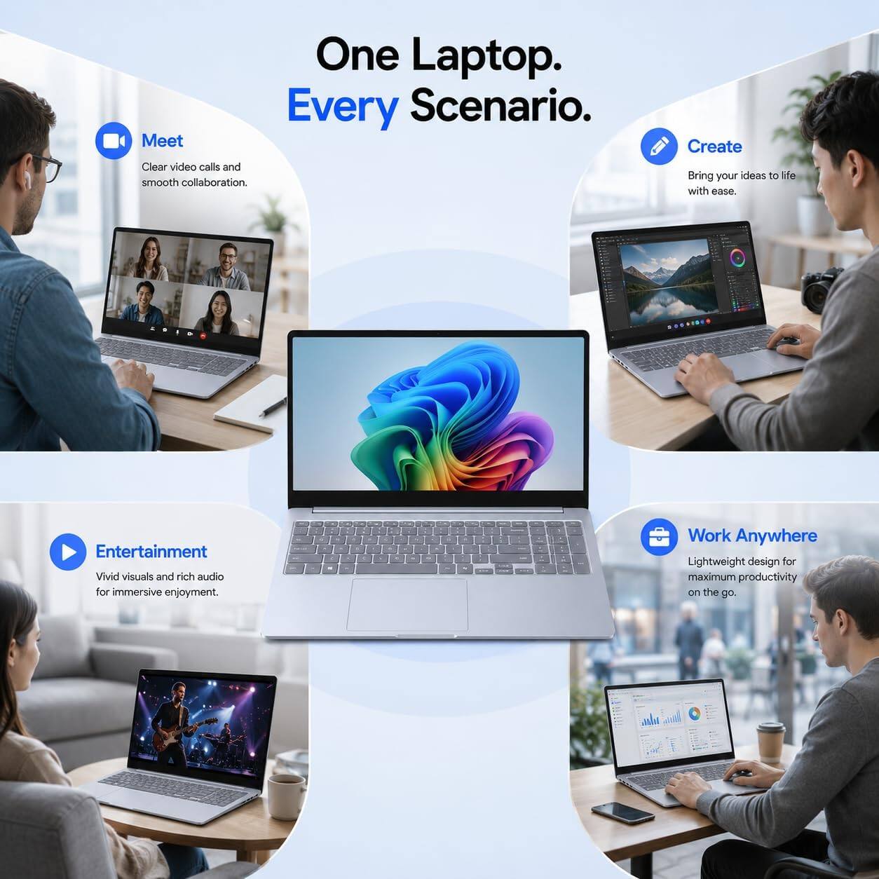 One Laptop. Every Scenario.  
Meet  
Clear video calls and smooth collaboration.  
Create  
Bring your ideas to life with ease.  
Entertainment  
Vivid visuals and rich audio for immersive enjoyment.  
Work Anywhere  
Lightweight design for maximum productivity on the go.