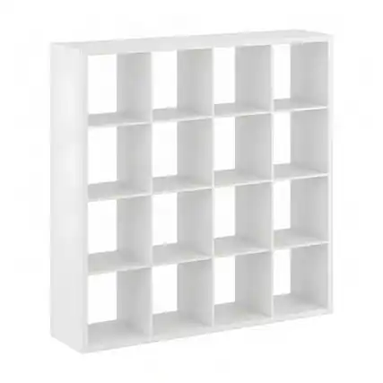 Front. FurniFact - Engineered Wood Storage Cabinet with 16 Open-Back Cube Shelves, Tall Bookcase Organizer for Bedroom or Entryway, White - White.