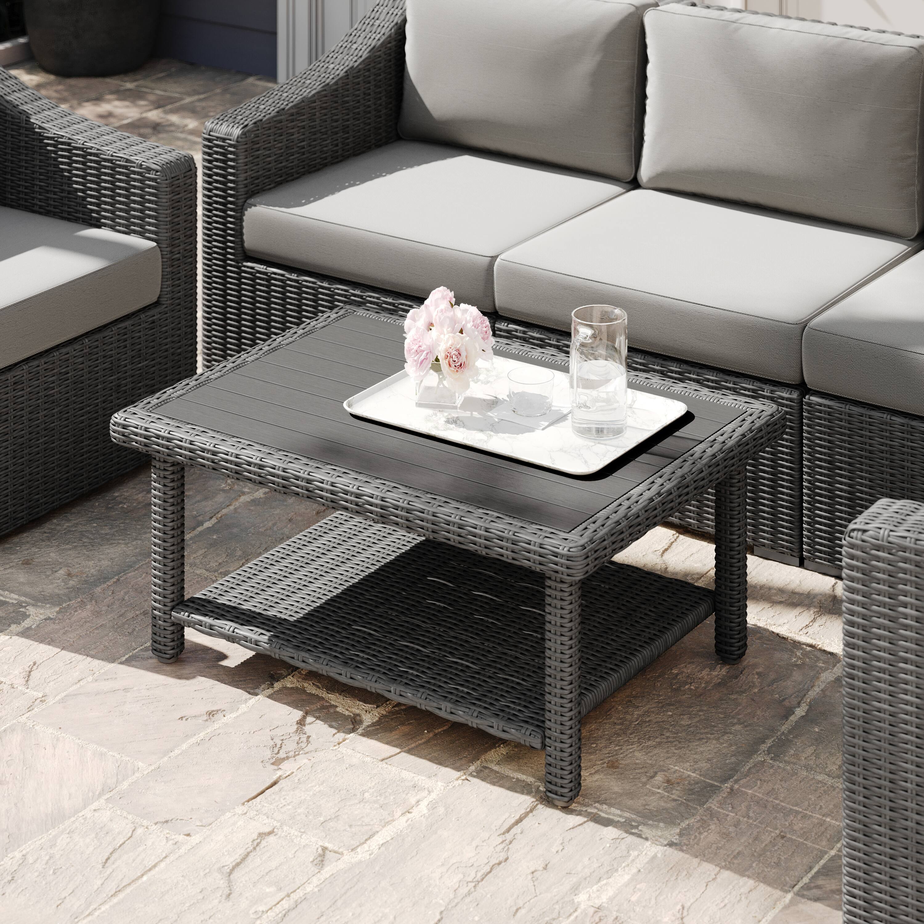 Alt View 4. Martha Stewart - Bedford Outdoor Rattan Wicker Patio Coffee Table with Engineered Wood Top - Gray.