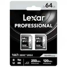 2x 64GB
Lexar PROFESSIONAL
1667X SDXC UHS-II SILVER Series
V60 4K
250MB/s 120MB/s UP TO JUSQU' READ/LECTURE* WRITE/CRITURE