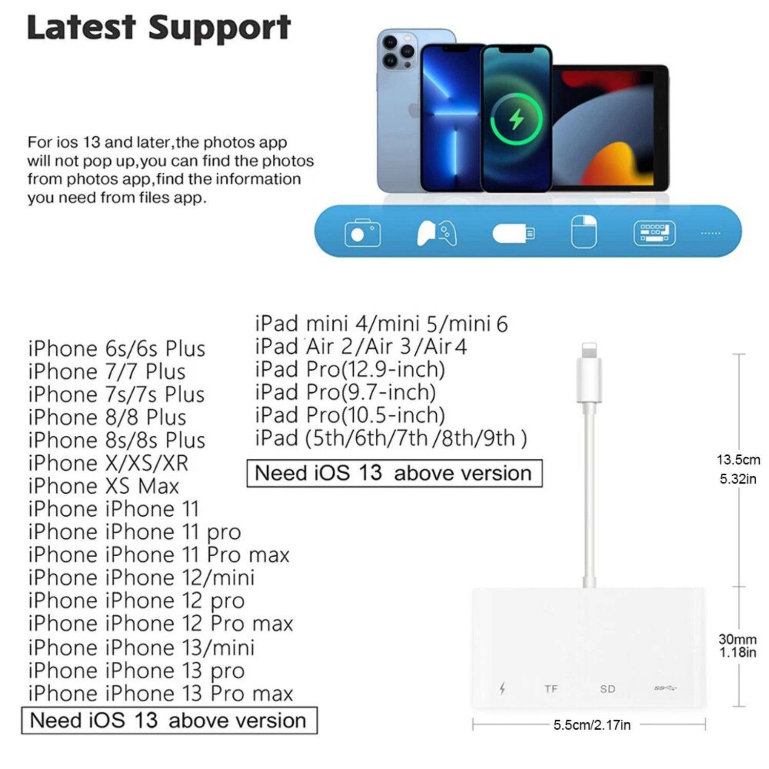 For iOS 13 and later, the photos app will not pop up. You can find the photos from the photos app, and find the information you need from the files app.

iPad mini 4/mini 5/mini 6
iPhone 6s/6s Plus
iPad Air 2/Air 3/Air 4
iPhone 7/7 Plus
iPad (12.9-inch)
iPhone 7s/7s Plus
iPad (9.7-inch)
iPhone 8/8 Plus
iPad Pro (10.5-inch)
iPhone 8s/8s Plus
iPad (5th/6th/7th/8th/9th)
iPhone X/XS/XR
iPhone XS Max
iPhone 11
iPhone 11 Pro
iPhone 11 Pro Max
iPhone 12/mini
iPhone 12 Pro
iPhone 12 Pro Max
iPhone 13/mini
iPhone 13 Pro
iPhone 13 Pro Max

Need iOS 13 above version

5.5cm/2.17in
13.5cm
5.32in
30mm
1.18in