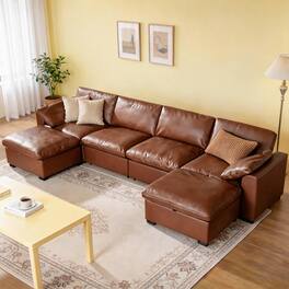 Dyonery - 120" Sectional Couches,Modern Modular Sectional Sofa,with Comfy Deep Seats,Fluffy L-Shape PU Leather Sofa Couch - Brown