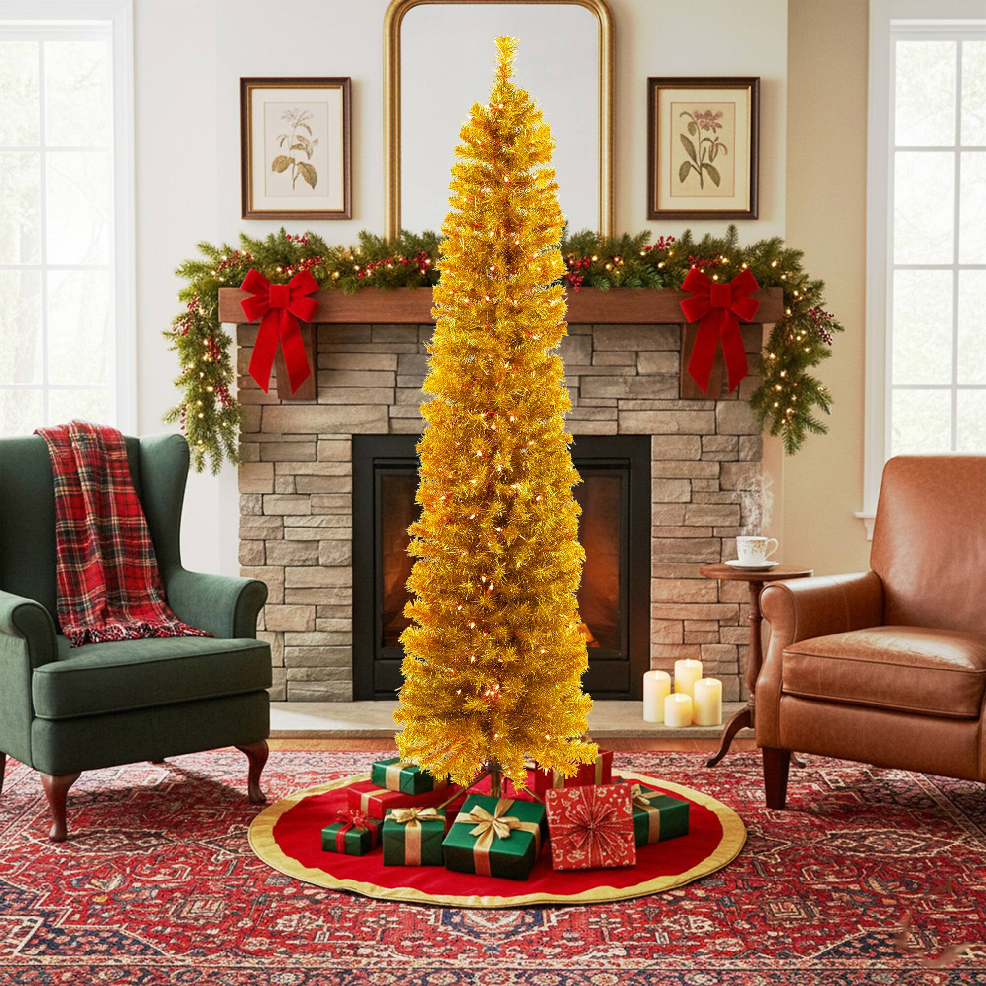 Front. Northlight - Pre-Lit Pencil Tinsel Artificial Christmas Tree - 6' - Gold - Clear Lights - Red Wire - Gold.