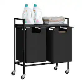 Oumilen - 2-Section Rolling Laundry Hamper Cart – Metal Sorter with Removable Bags & Top Shelf - Black