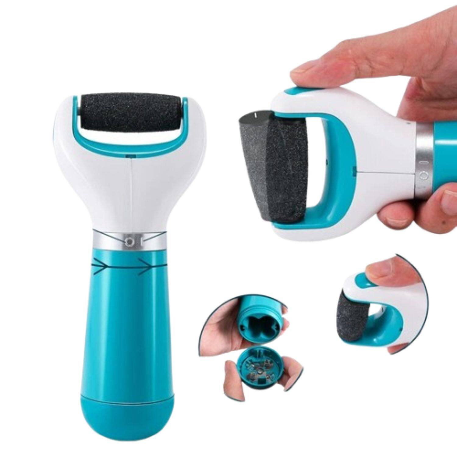 Left. Stock Preferred - Battery-Operated Electric Foot Callus Remover – 360° Rotating Pedicure Tool with Replaceable Rollers, Non-Slip Handle – - Blue.