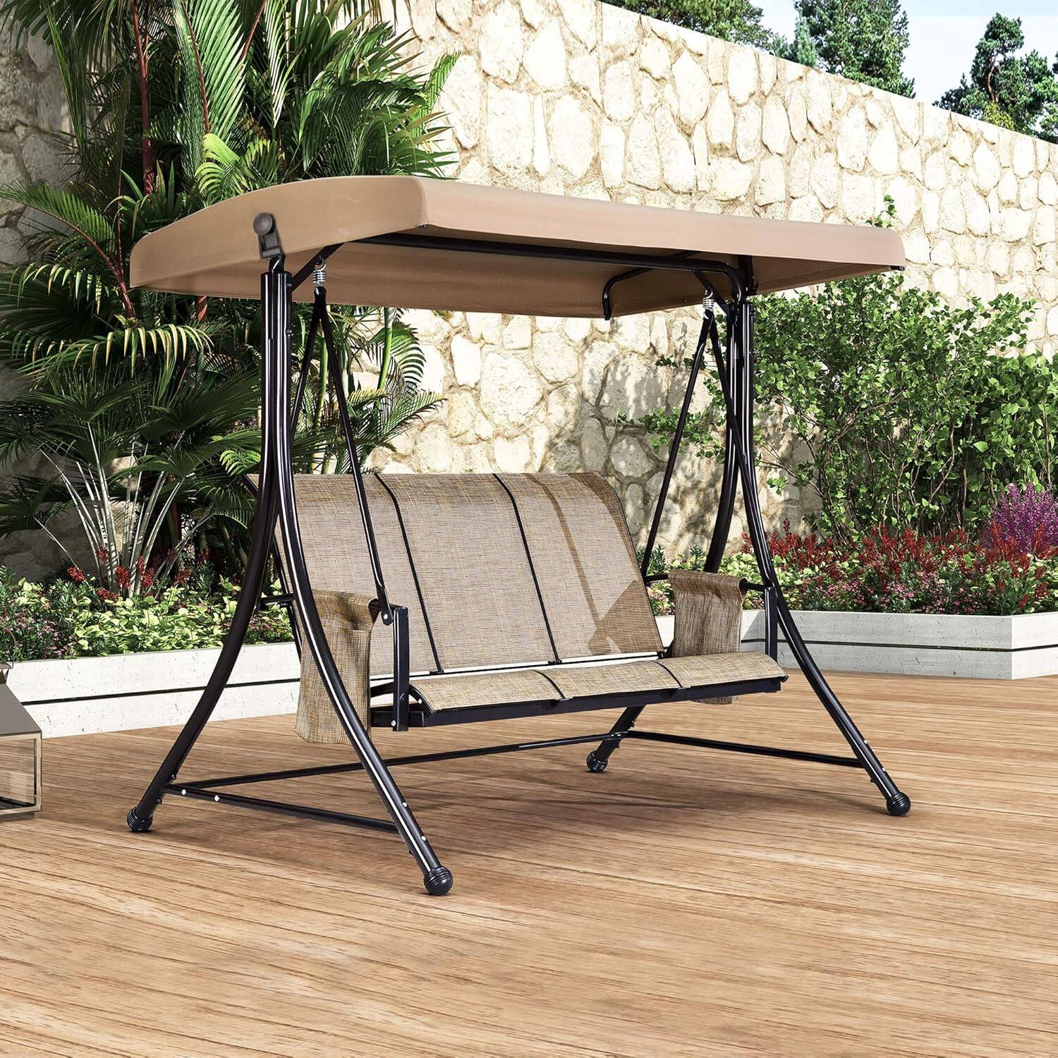 Alt View 2. PURPLE LEAF - 2/3-person Deluxe Outdoor Patio Porch Swing with Weather Resistant Steel Frame, Adjustable Tilt Canopy - Beige-3 Person.