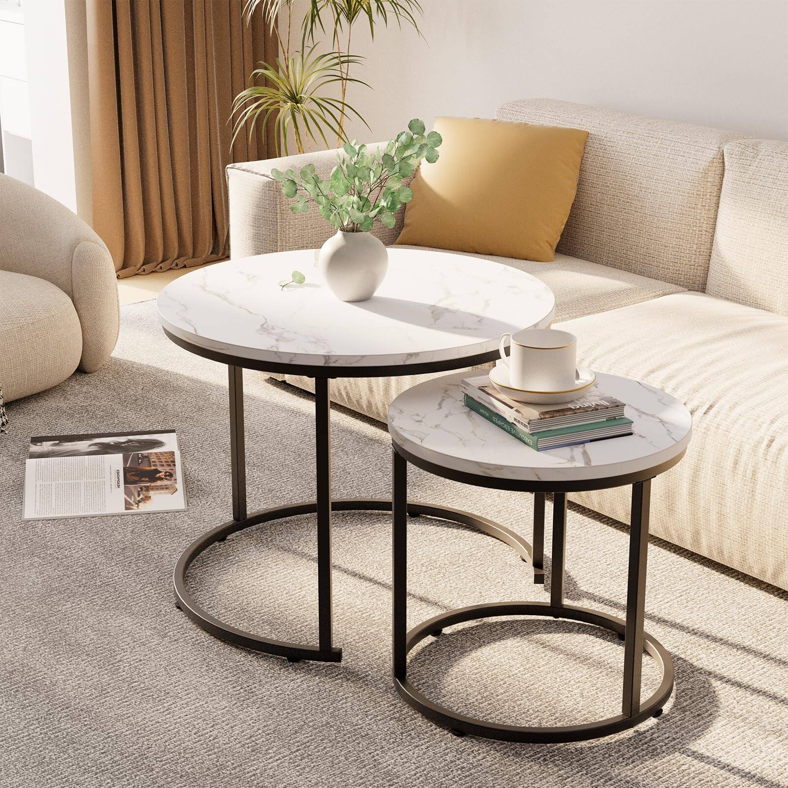Alt View 3. Hanke - Round Nesting Coffee Table Side End Tables For Living Room Bedroom Balcony Faux Marble Wooden Accent With - Black Brown Engineered Wood.